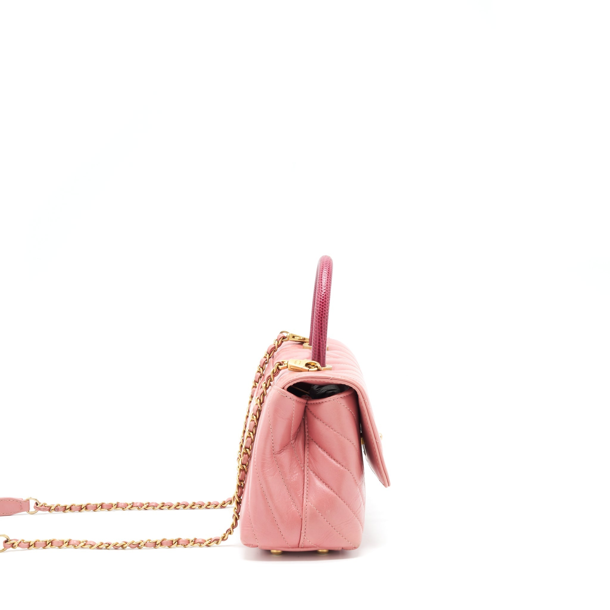 Chanel Small Coco Handle Chevron Calfskin With Lizard Handle Pink