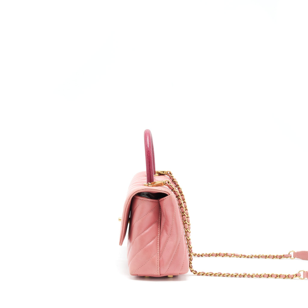 Chanel Small Coco Handle Chevron Calfskin With Lizard Handle Pink