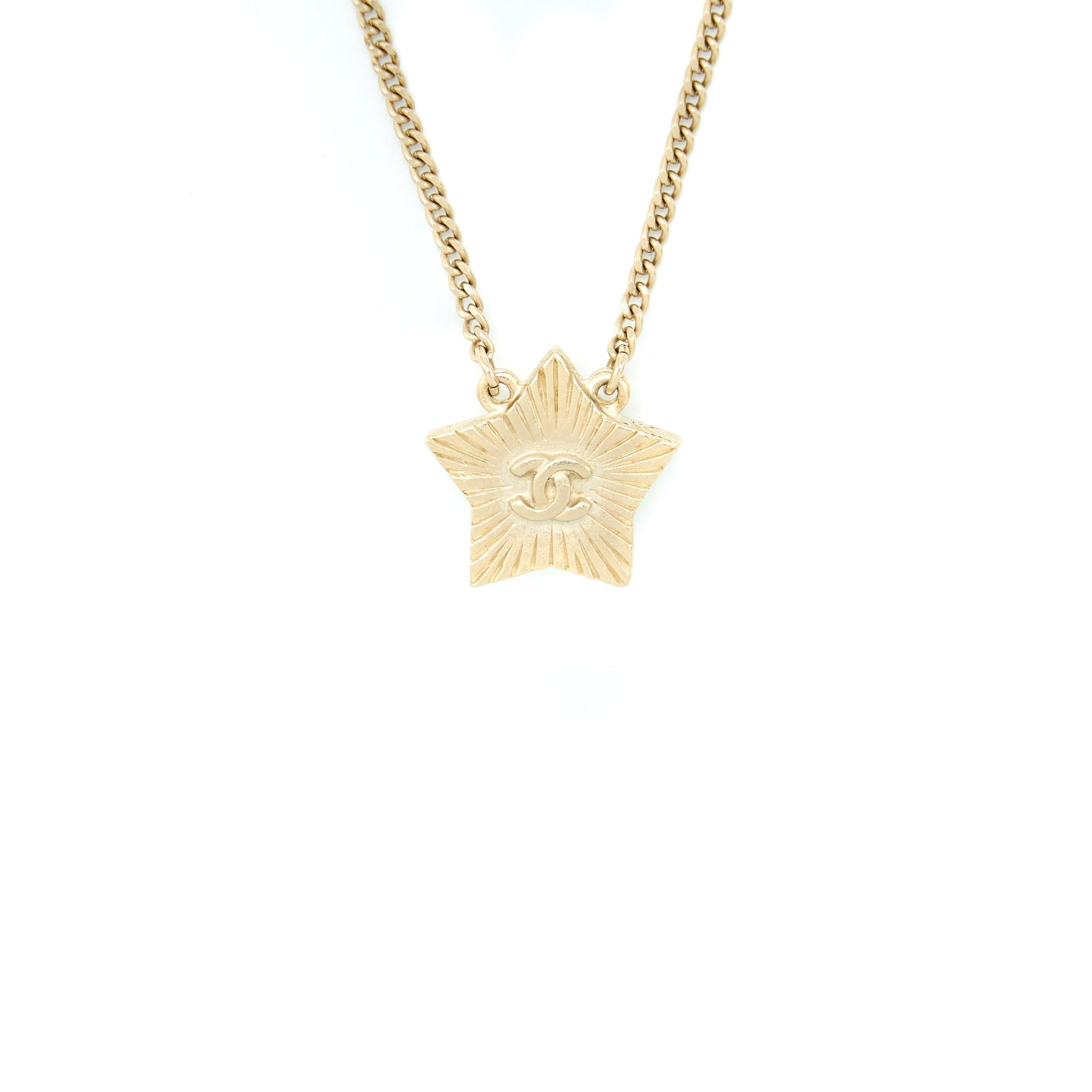 Chanel CC Logo Star Necklace White Light Gold Tone
