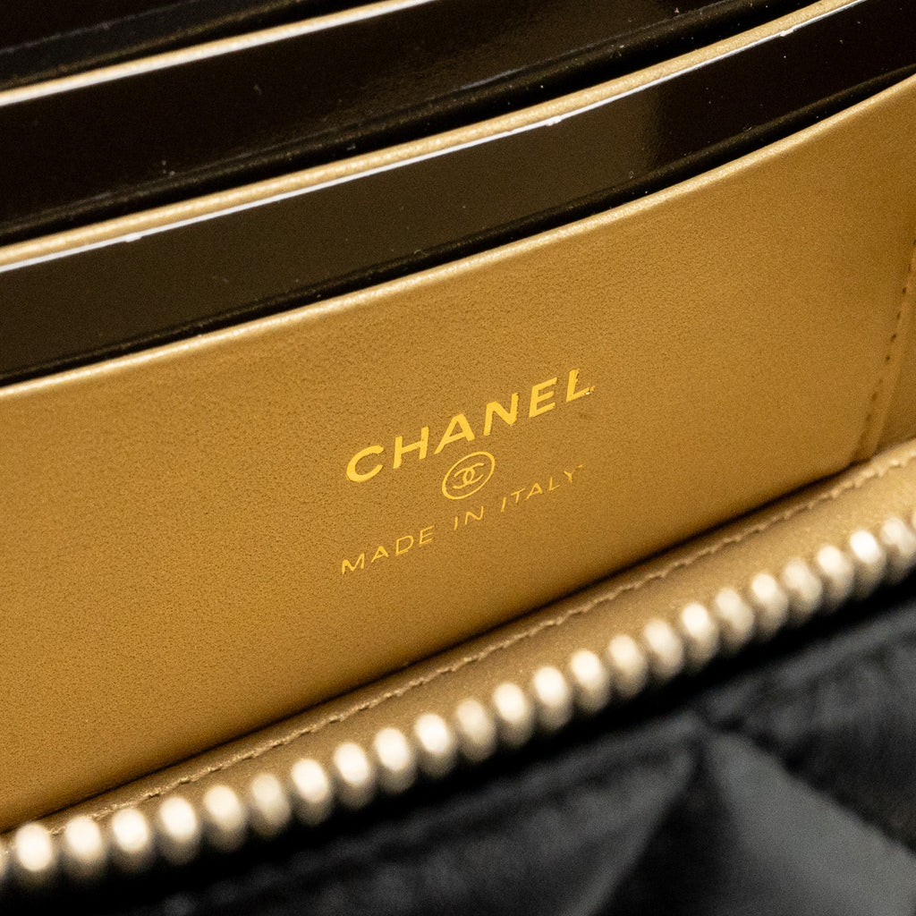 Chanel 24a Long Vanity Case With CC Logo Adjustable Chain Lambskin Black (microchip)