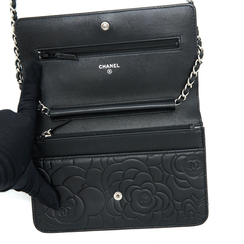 Chanel Camellia Wallet On Chain Lambskin Black