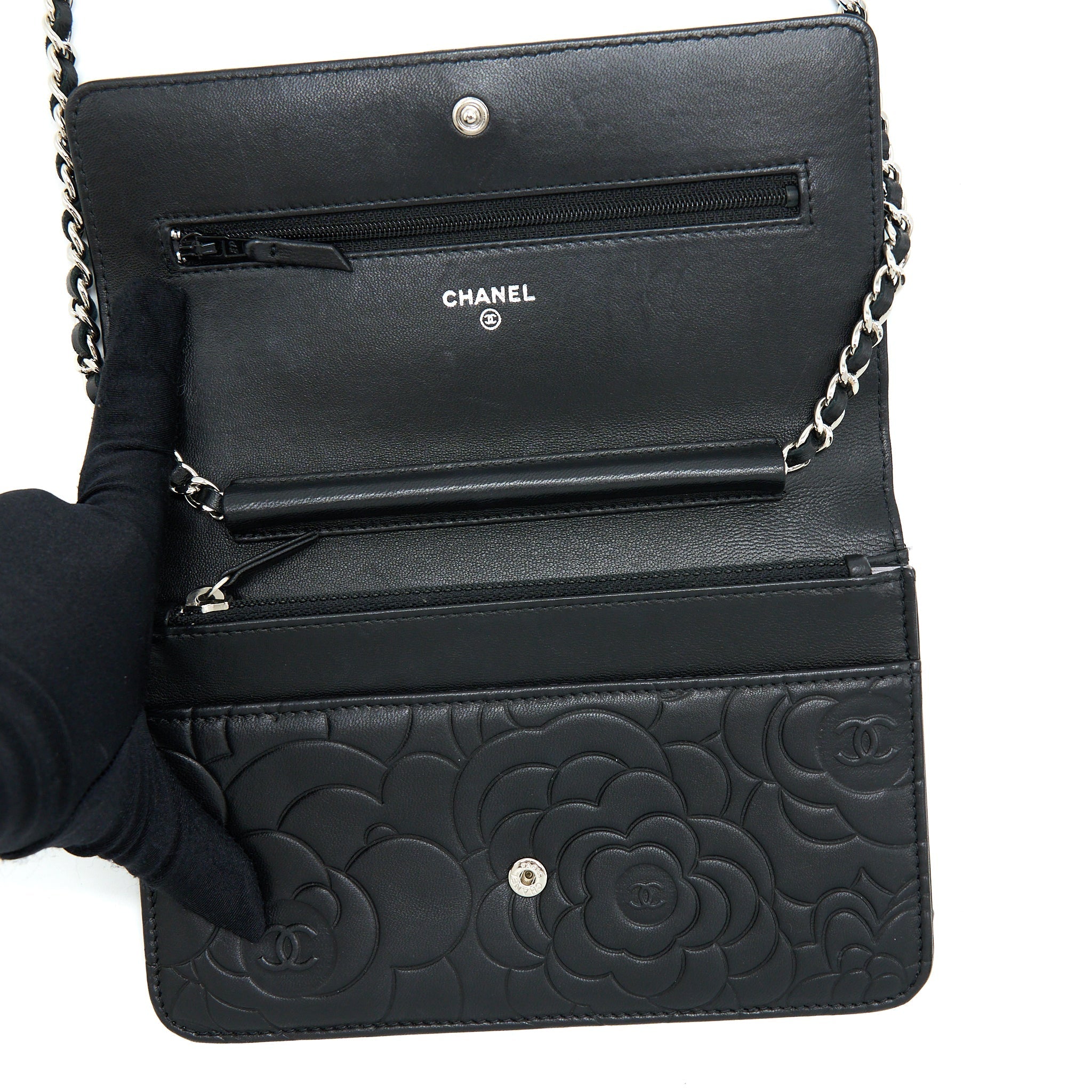 Chanel Camellia Wallet On Chain Lambskin Black