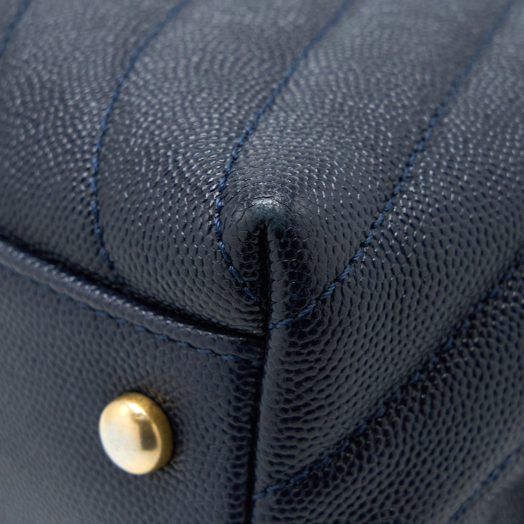 Chanel Medium Chevron Coco Handle Bag Caviar with Lizard Handle Navy Brushed