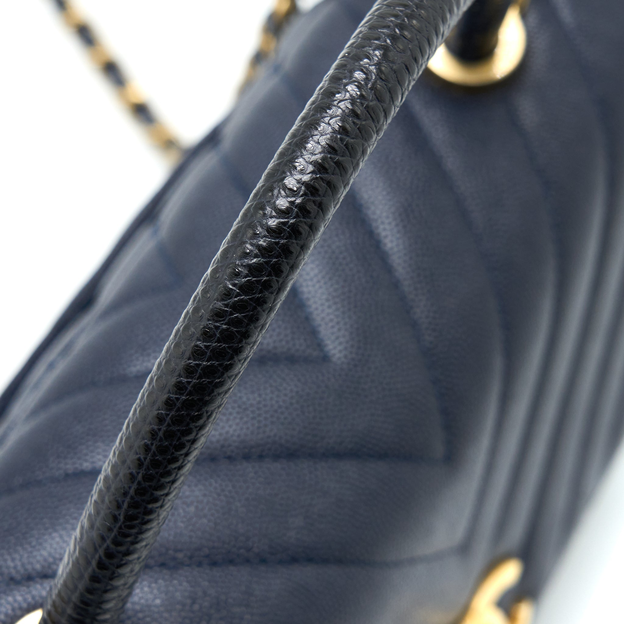 Chanel Medium Chevron Coco Handle Bag Caviar with Lizard Handle Navy Brushed