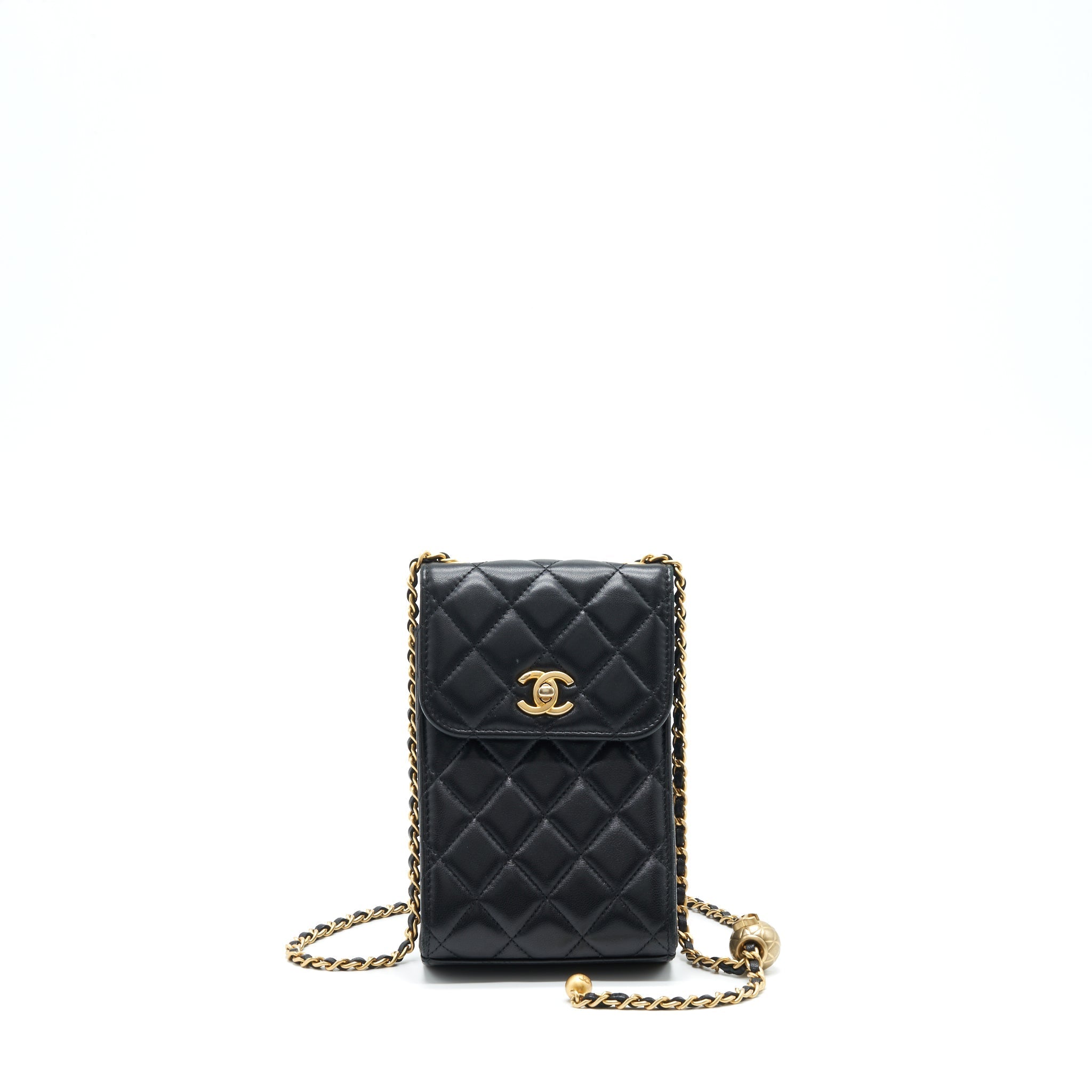 Chanel Pearl Crush Phone Case With Chain Lambskin Black