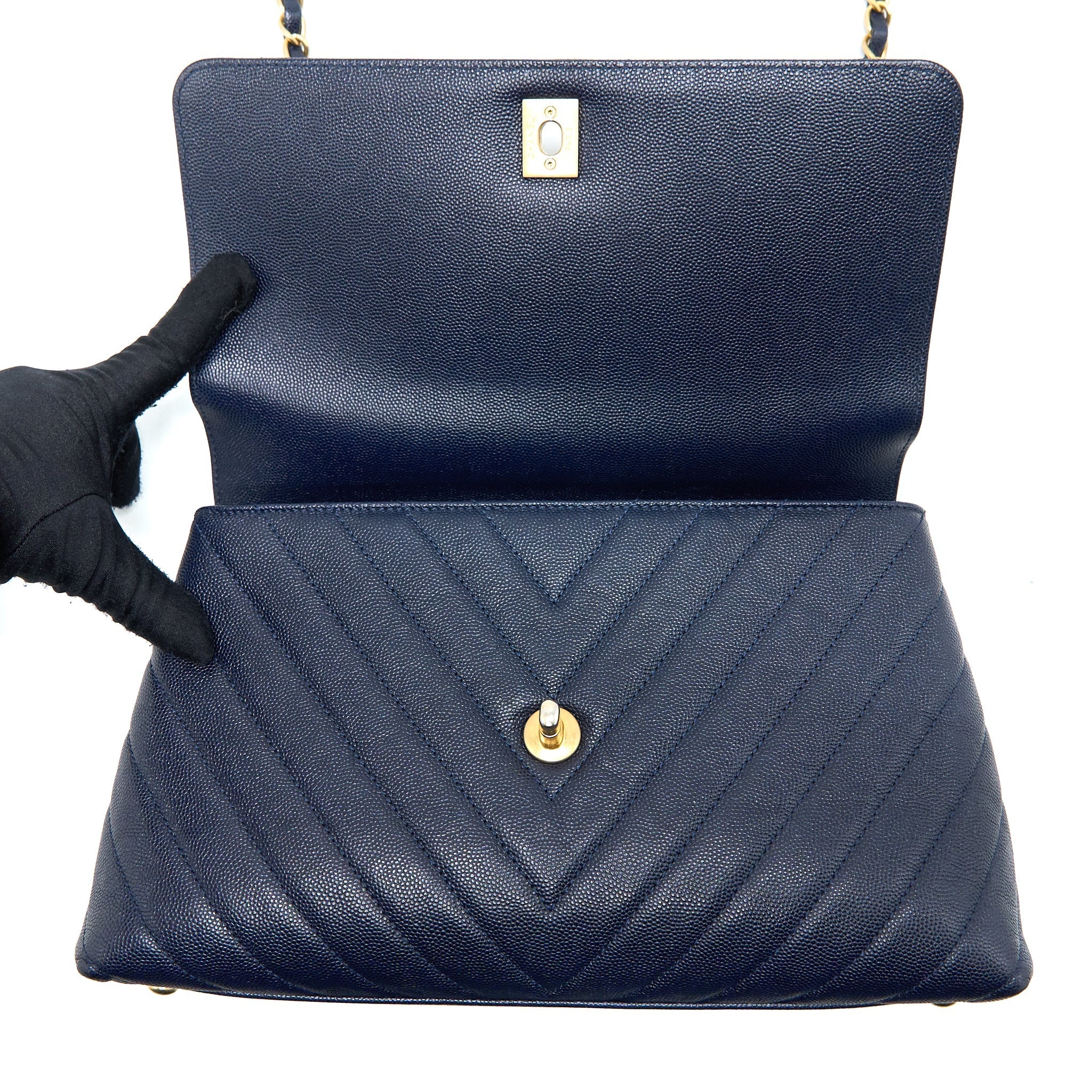 Chanel Medium Chevron Coco Handle Bag Caviar with Lizard Handle Navy Brushed