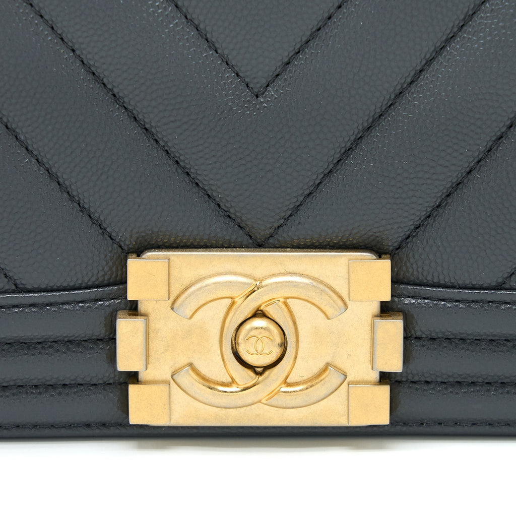 Chanel Small Boy Bag Chevron Caviar Dark Grey Brushed  (Microchip)