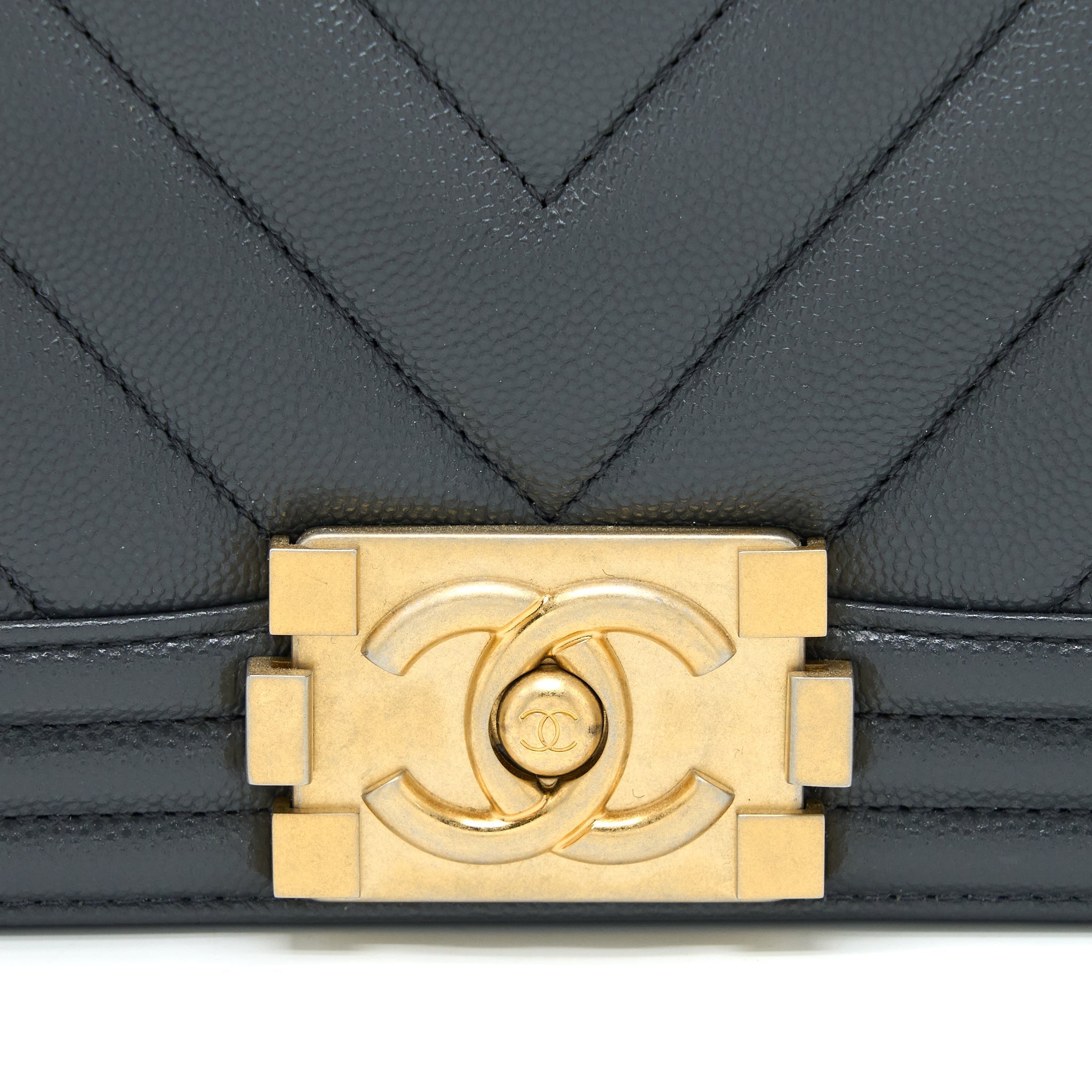 Chanel Small Boy Bag Chevron Caviar Dark Grey Brushed  (Microchip)