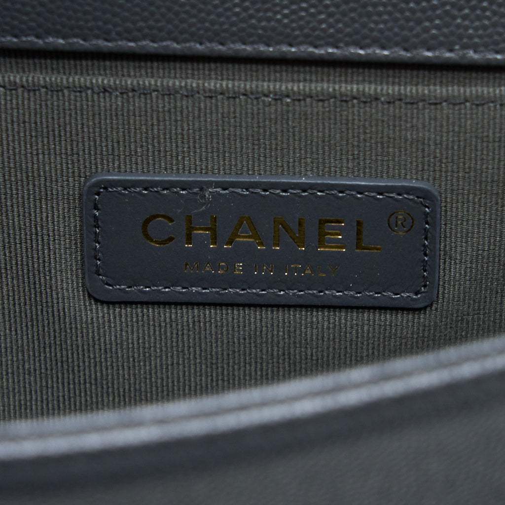 Chanel Small Boy Bag Chevron Caviar Dark Grey Brushed  (Microchip)