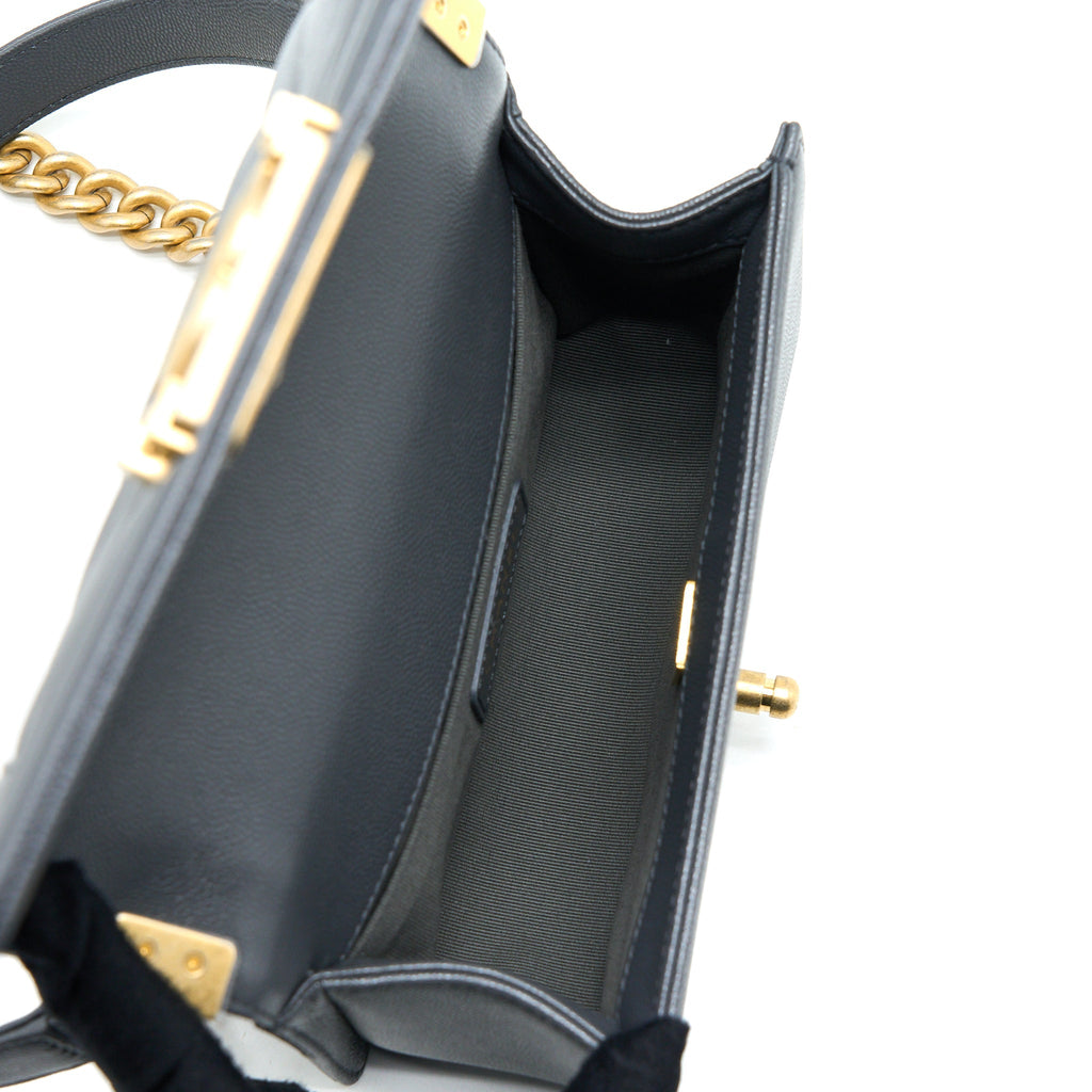 Chanel Small Boy Bag Chevron Caviar Dark Grey Brushed  (Microchip)