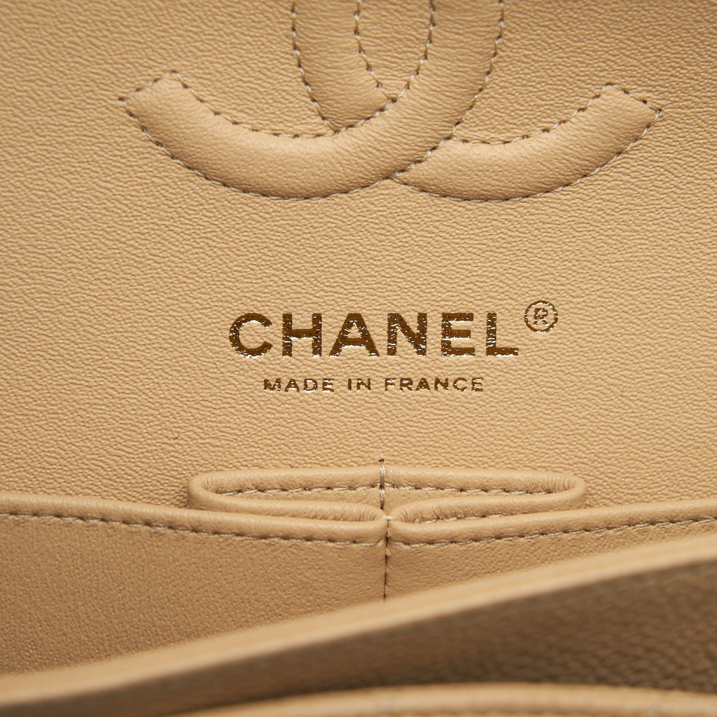 Chanel small classic double flap bag caviar beige