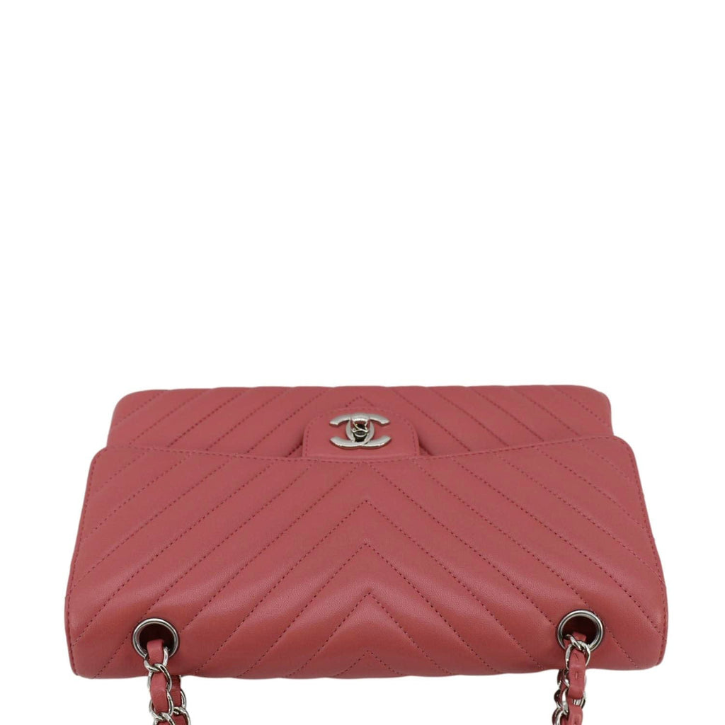 CHANEL Classic Double Flap Medium Chevron Leather Shoulder Bag Peach