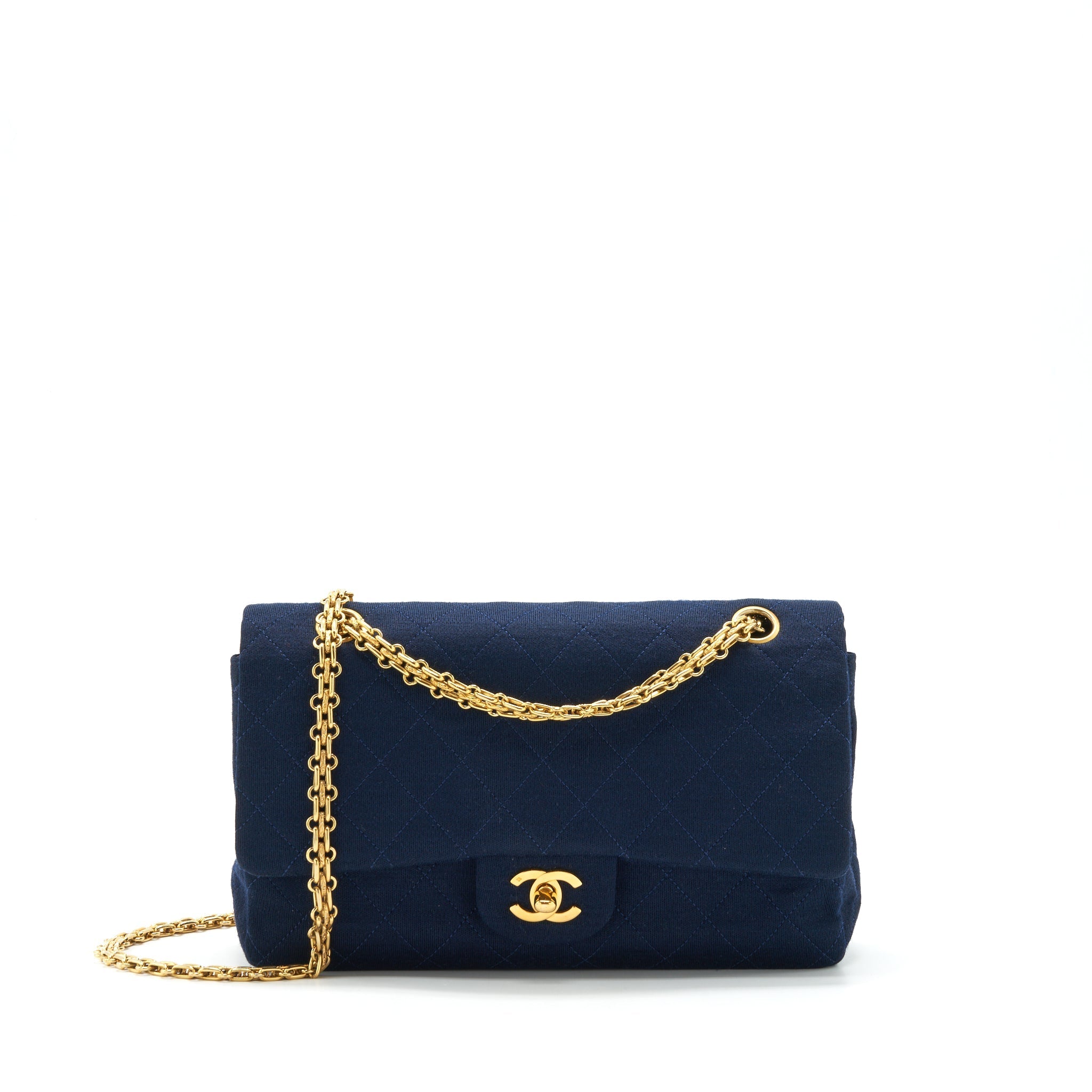 Chanel Vintage Medium Classic Double Flap Bag Fabric Navy