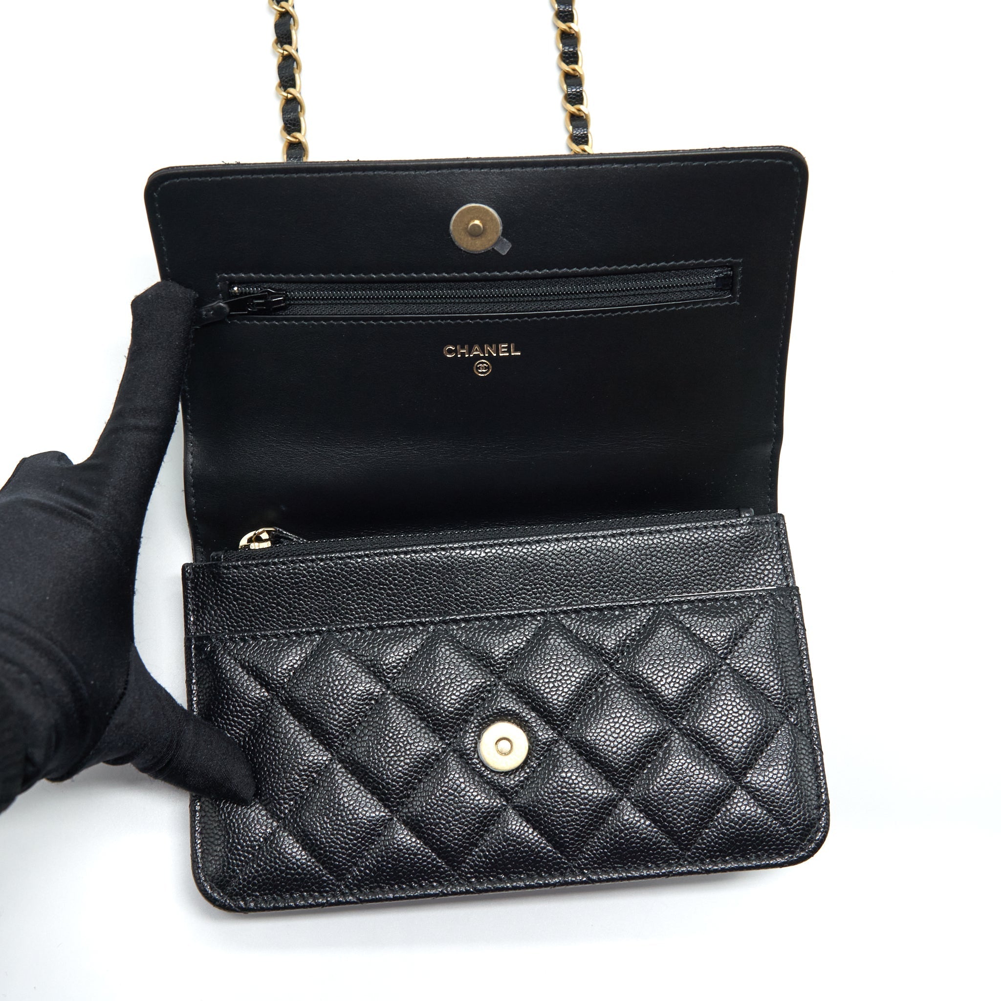 Chanel 22S Logo Top Handle Wallet On Chain Caviar Black