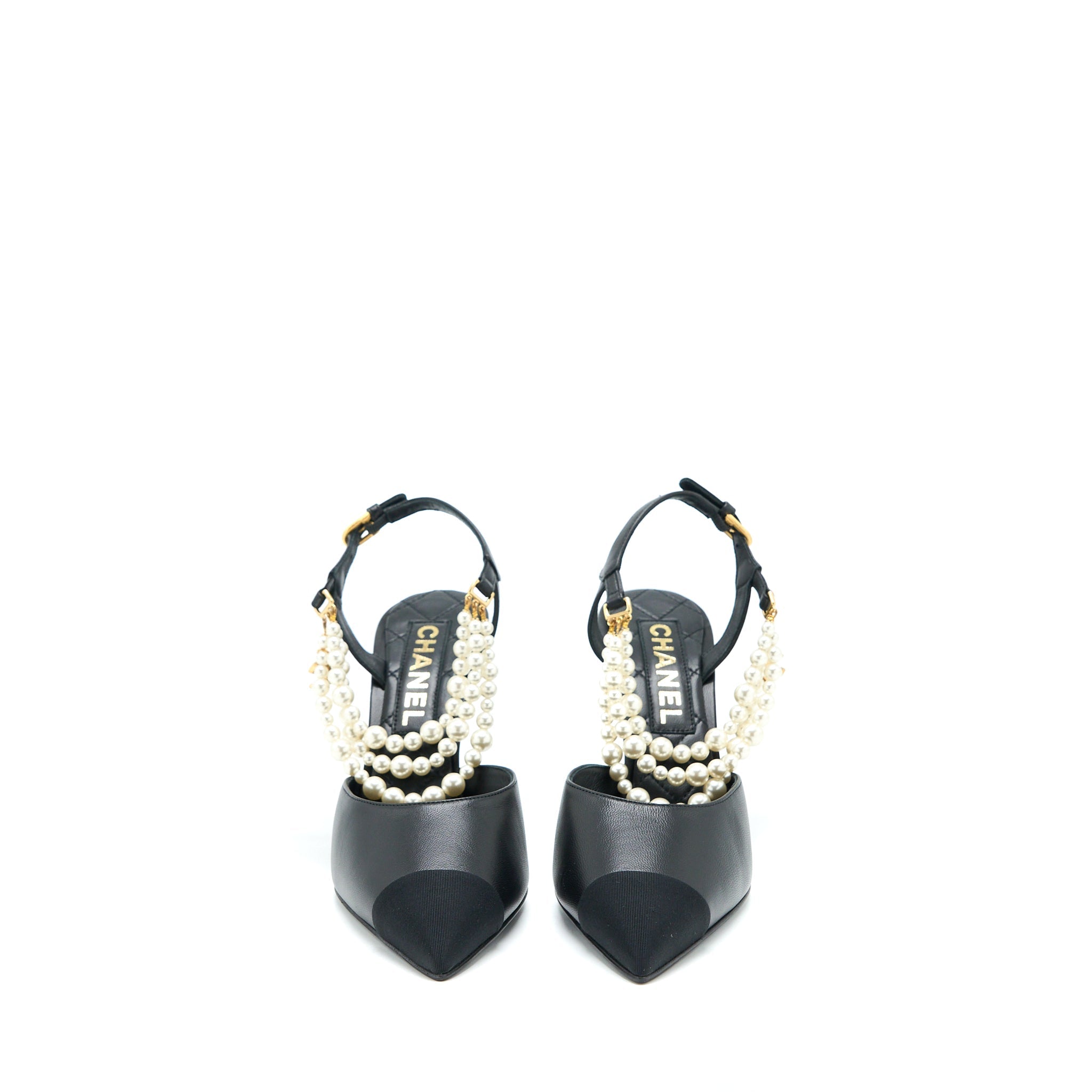 Chanel Size 39 Heel with Pearl Leather/Fabric Black