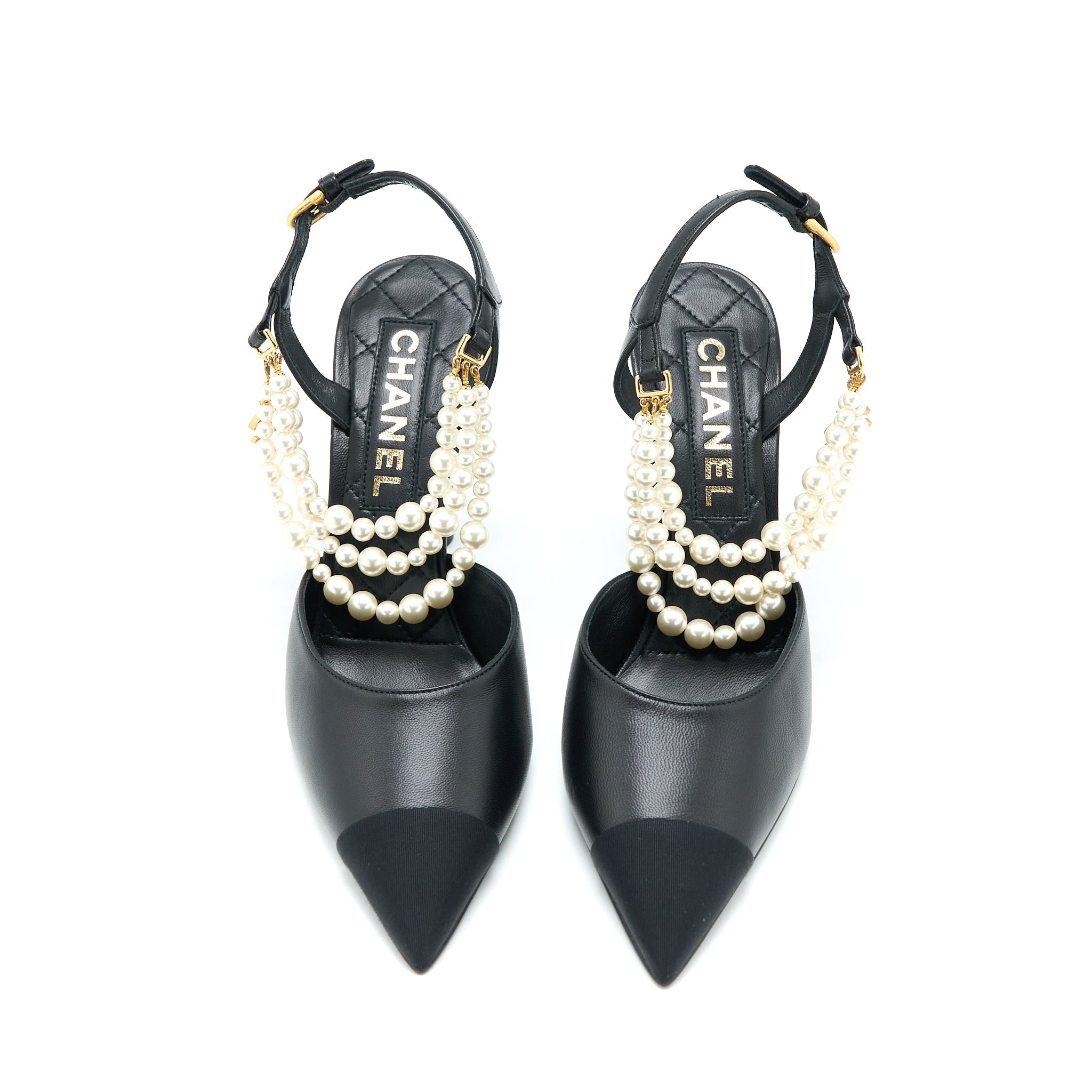 Chanel Size 39 Heel with Pearl Leather/Fabric Black