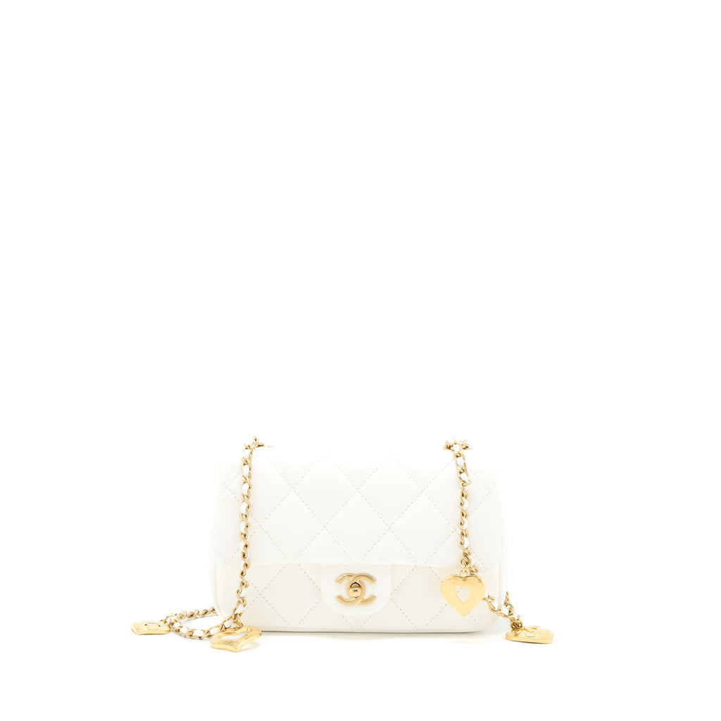 Chanel Quilted Flap Bag With Heart Charm Chain Lambskin White (Microchip)