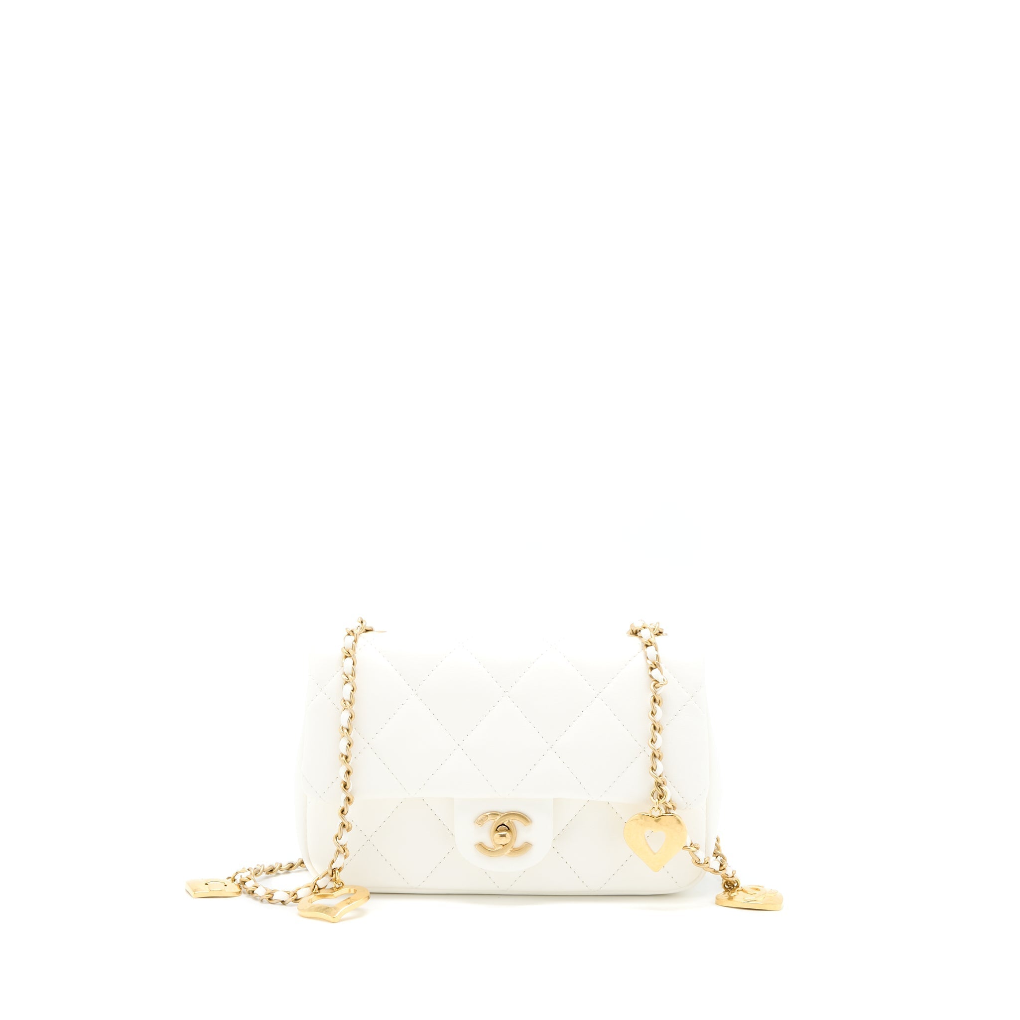 Chanel Quilted Flap Bag With Heart Charm Chain Lambskin White (Microchip)