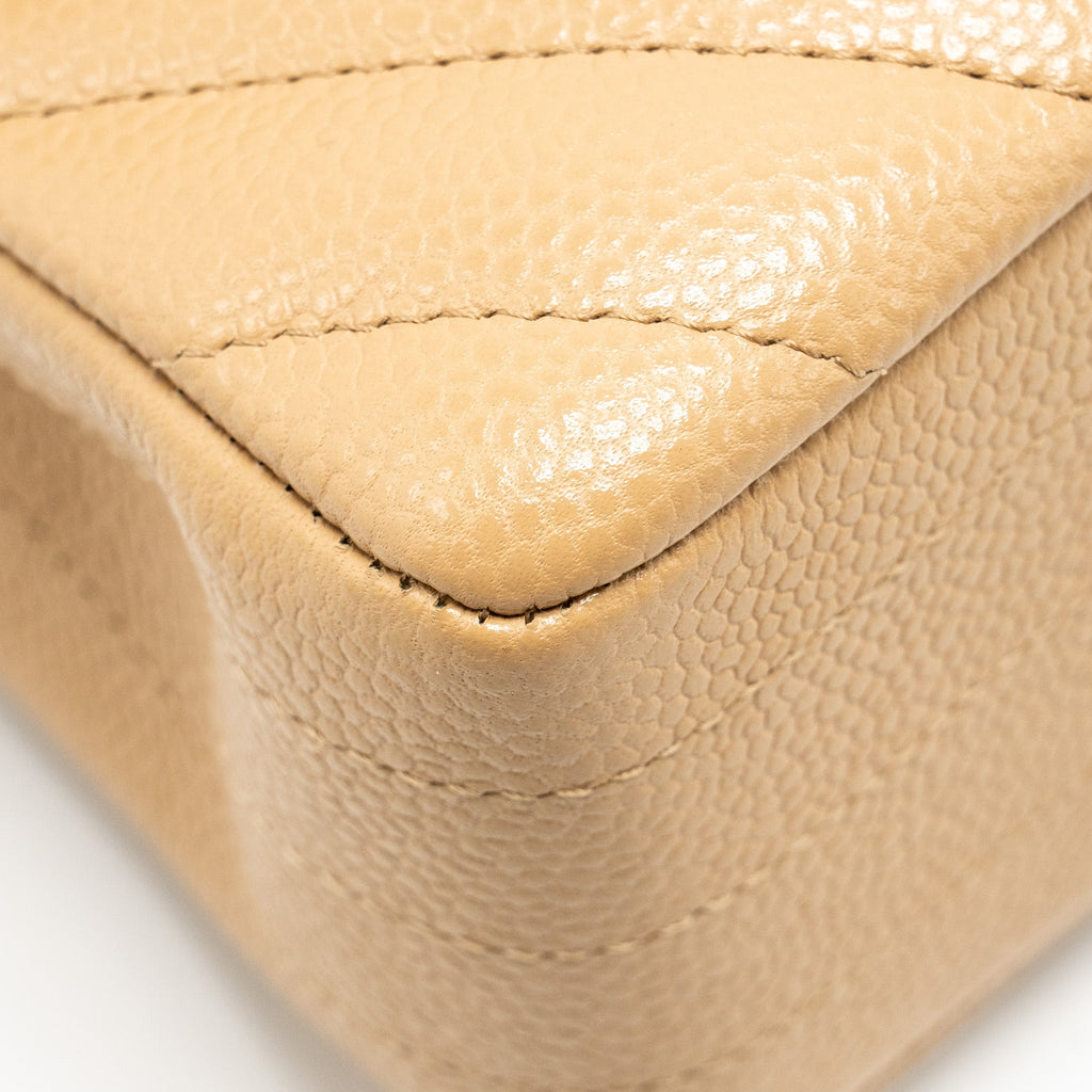 Chanel Small Classic Double Flap Bag Chevron Caviar Beige