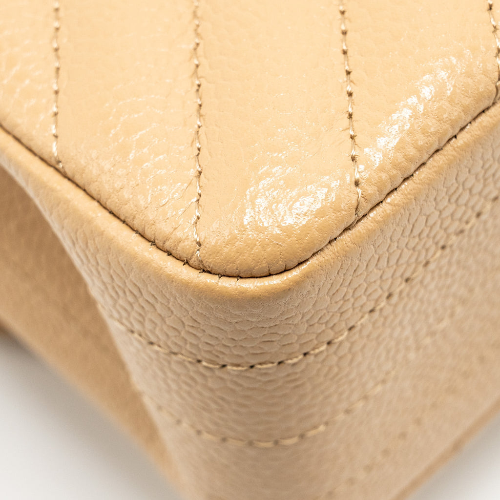 Chanel Small Classic Double Flap Bag Chevron Caviar Beige