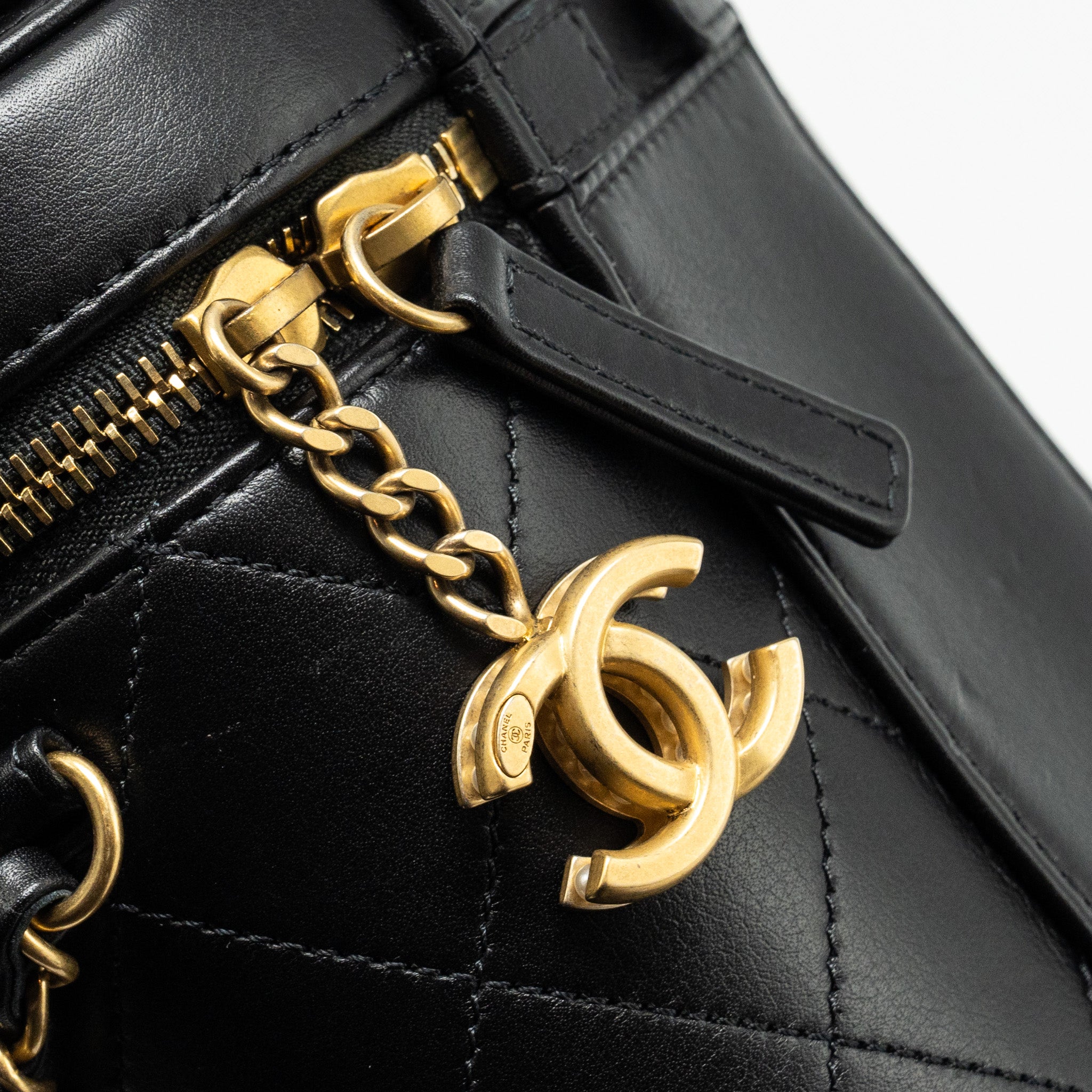 Chanel Pearl Letter Logo Detailed Vanity Case Calfskin Black