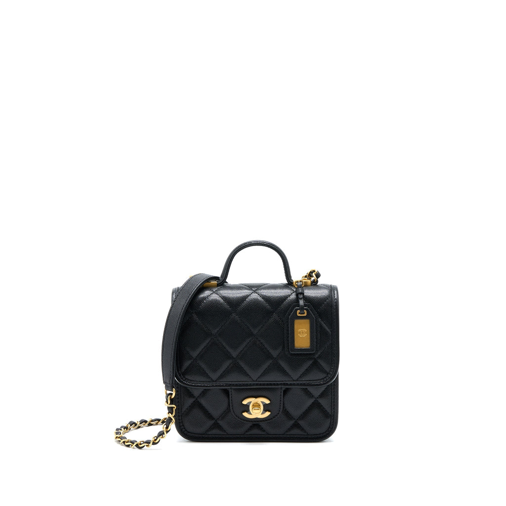 Chanel 22K Top Handle Messenger Bag Caviar Black Brushed (Microchip)