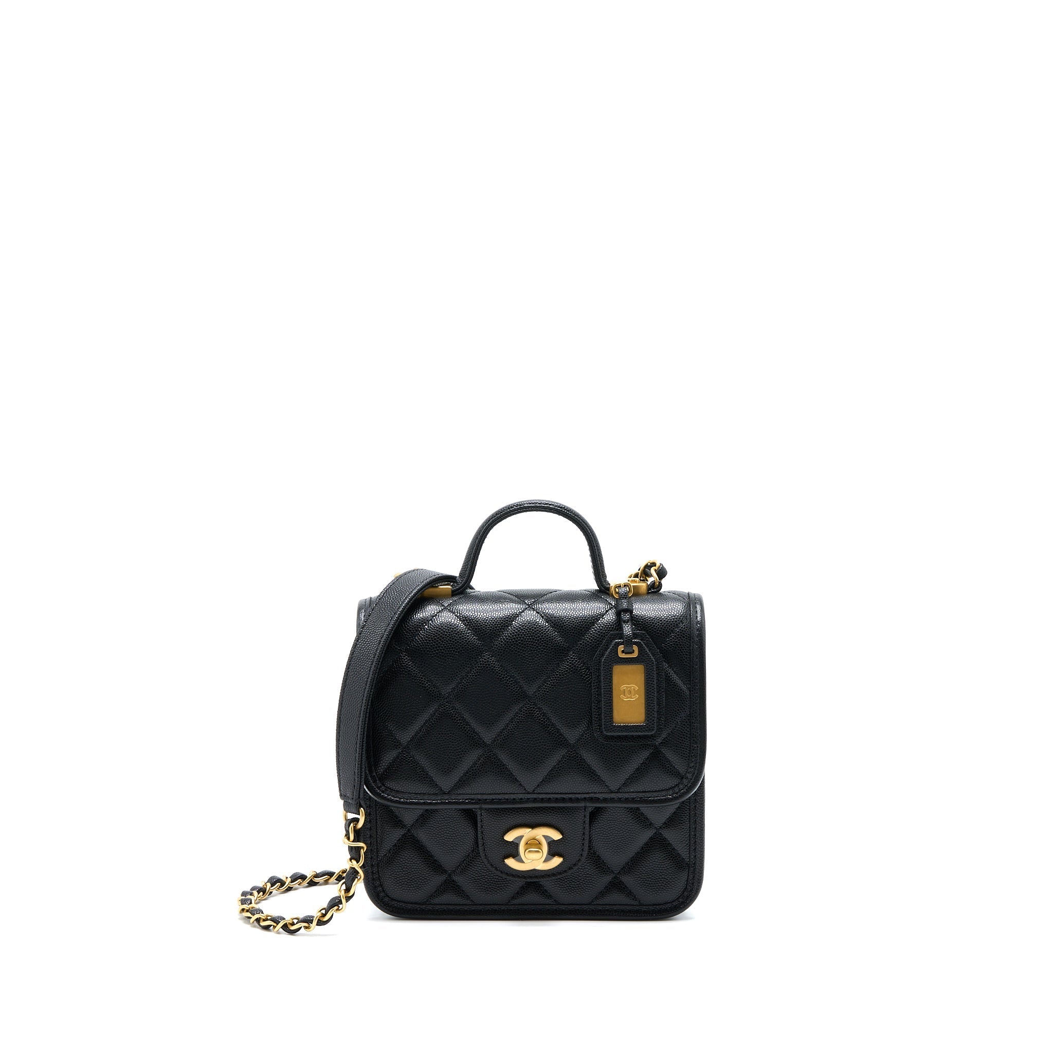Chanel 22K Top Handle Messenger Bag Caviar Black Brushed (Microchip)