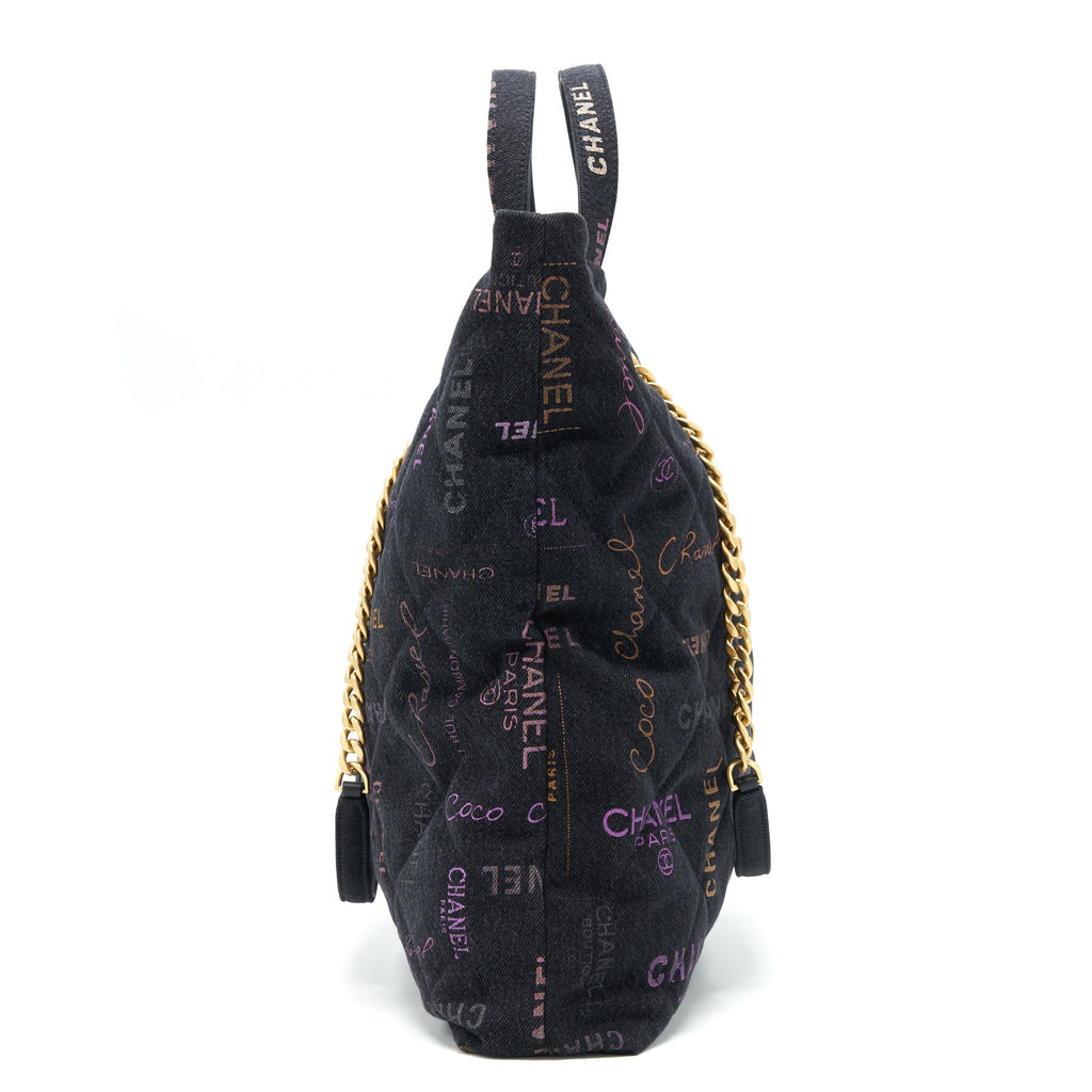 Chanel 22P Printed Denim Maxi Shopping Tote Bag Black/Multicolour