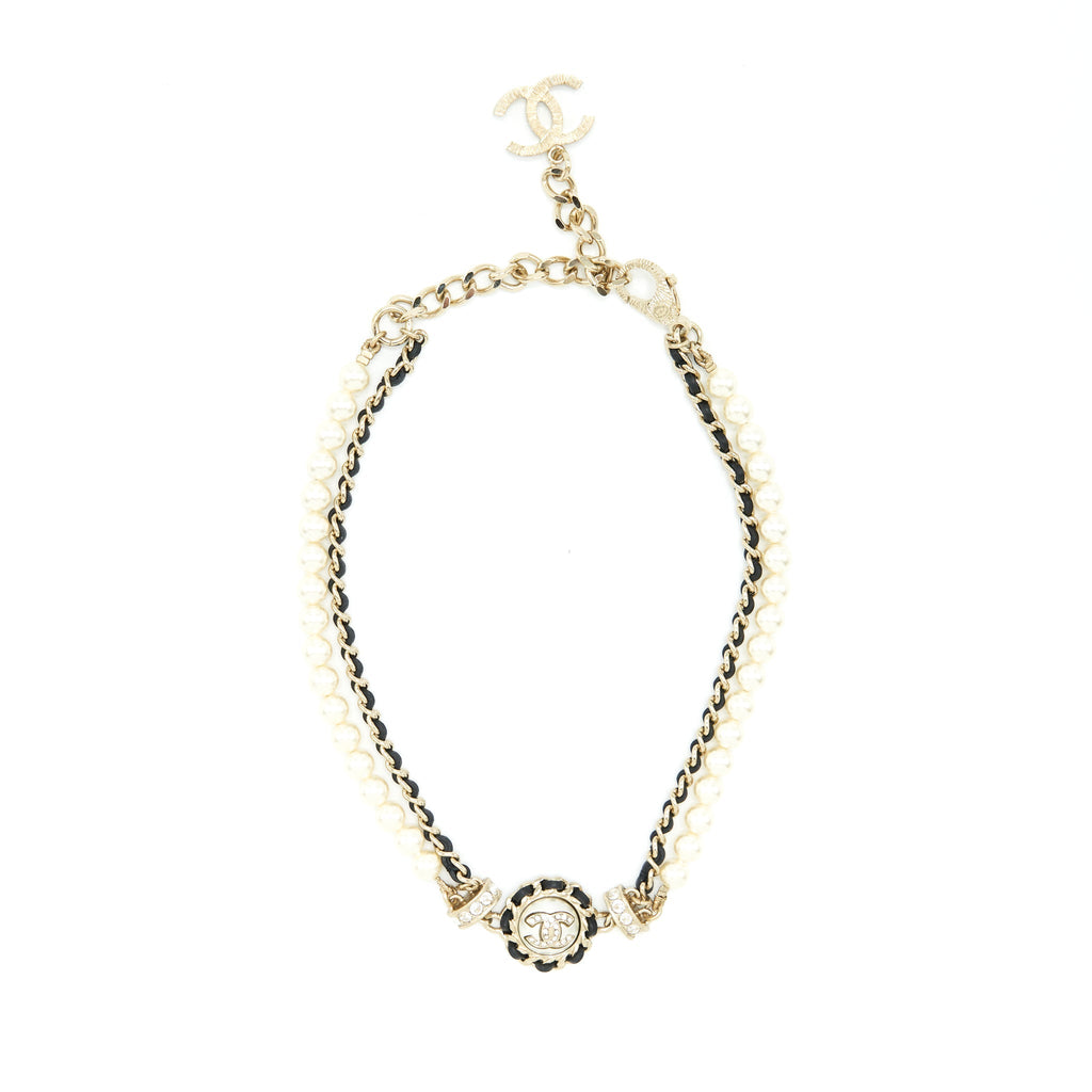 Chanel 21S Leather Chain/Pearl/Crystal Choker L