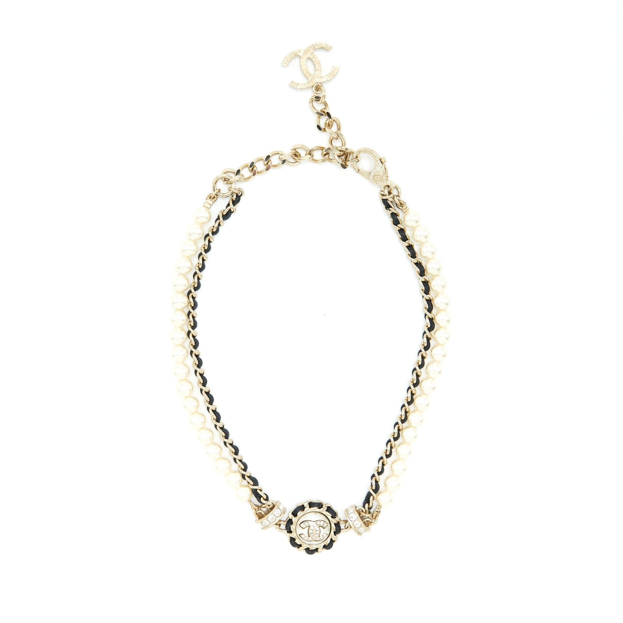 Chanel 21S Leather Chain/Pearl/Crystal Choker L