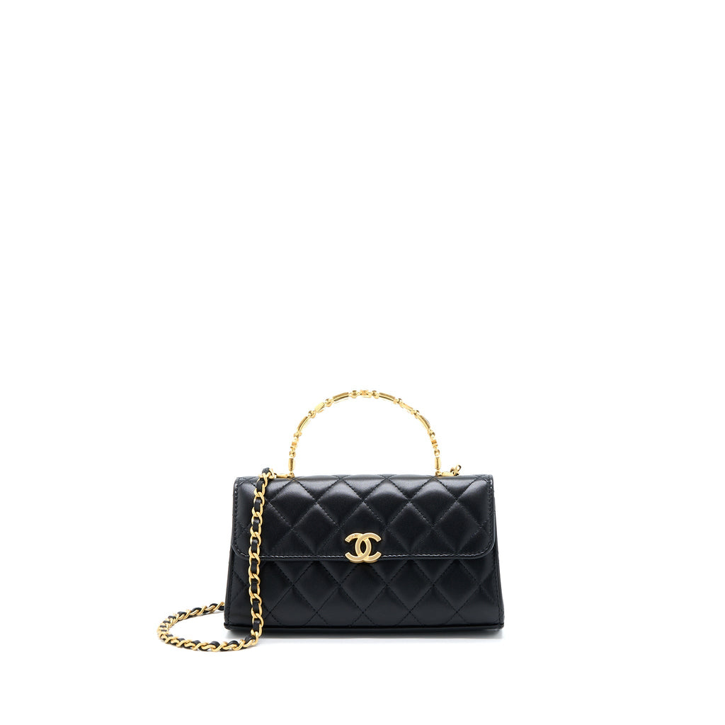 Chanel 22B Flap Bag With Enamel Top Handle Lambskin Black