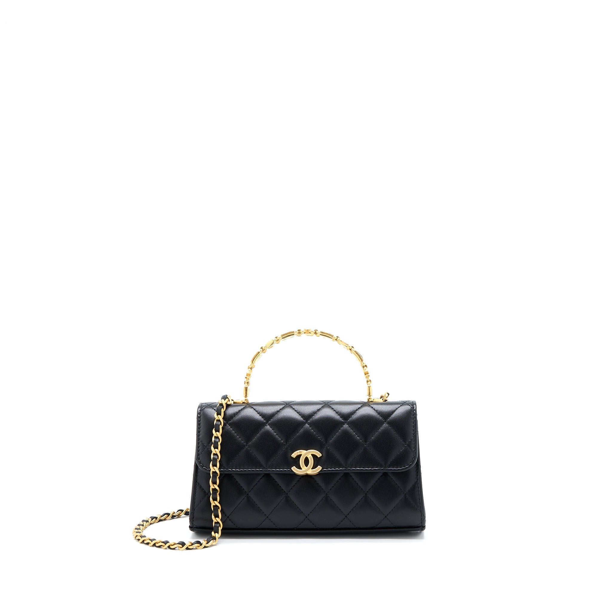 Chanel 22B Flap Bag With Enamel Top Handle Lambskin Black