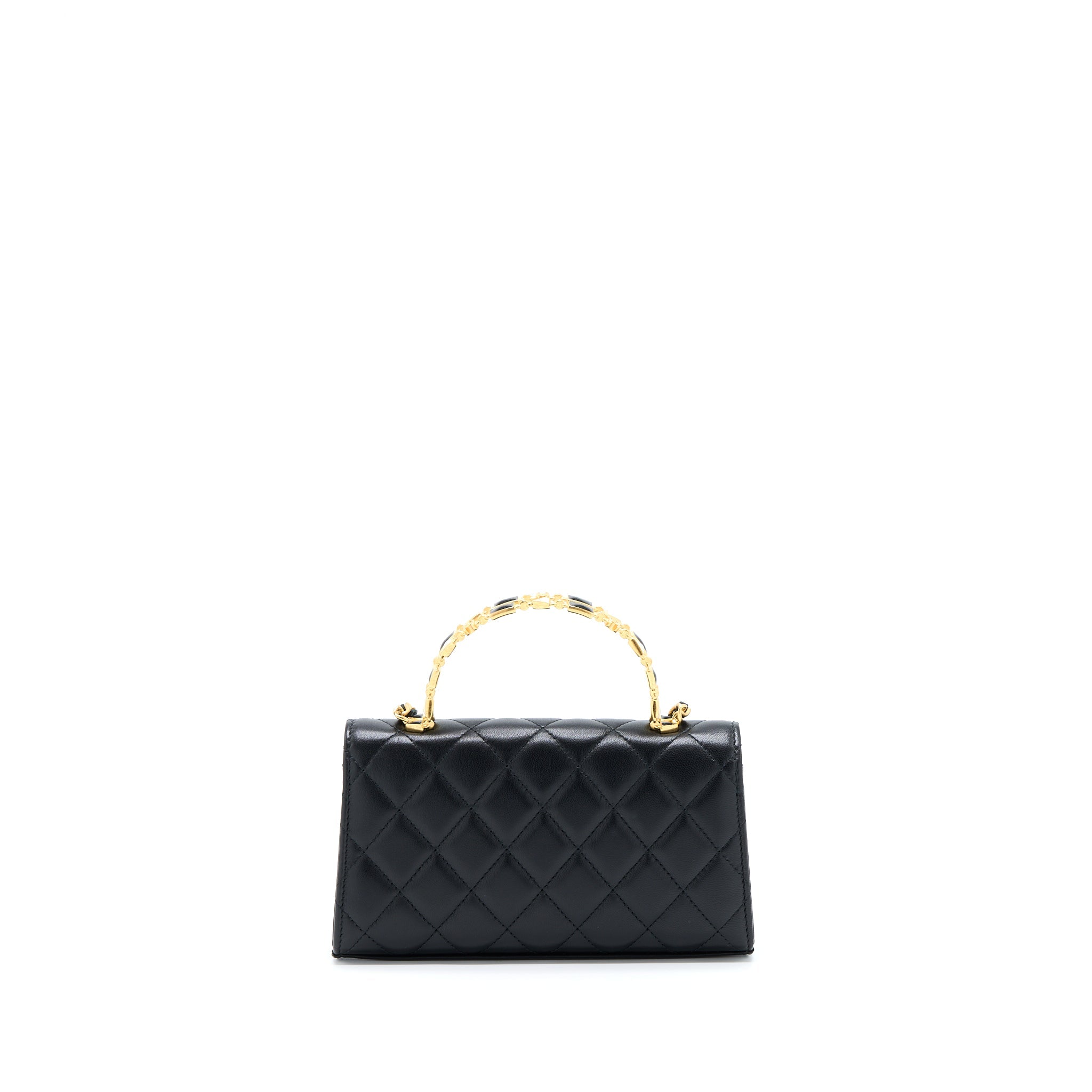 Chanel 22B Flap Bag With Enamel Top Handle Lambskin Black