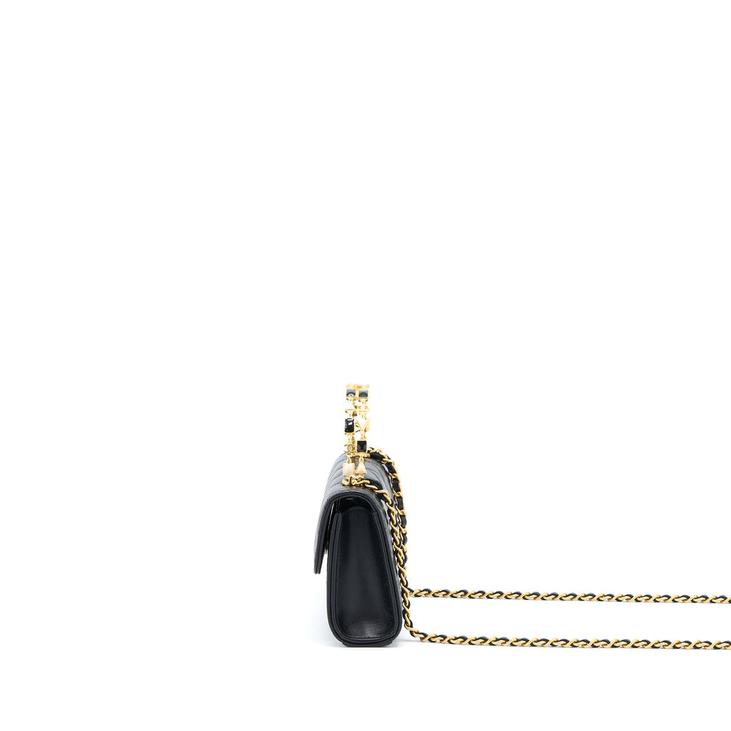Chanel 22B Flap Bag With Enamel Top Handle Lambskin Black