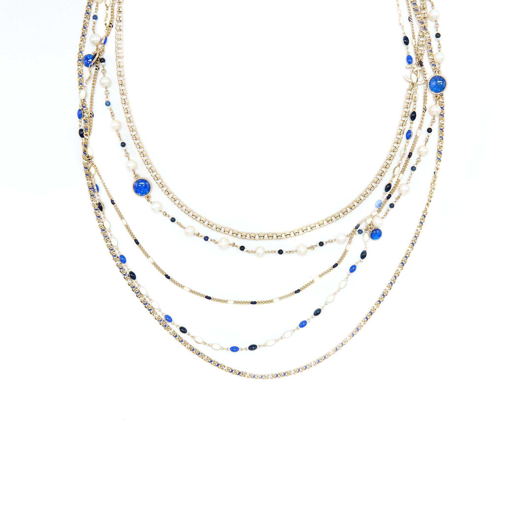 Chanel Pearl / Enamel With Round CC Logo Necklace Light gold tone