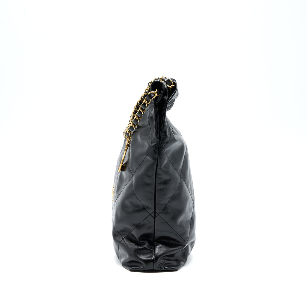 Chanel 22 Bag Medium Shiny Calfskin Black In Gold Letter  (Microchip)