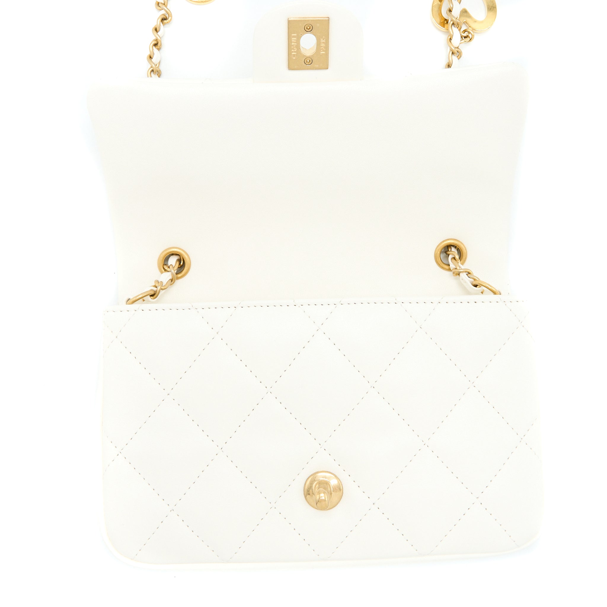 Chanel Quilted Flap Bag With Heart Charm Chain Lambskin White (Microchip)