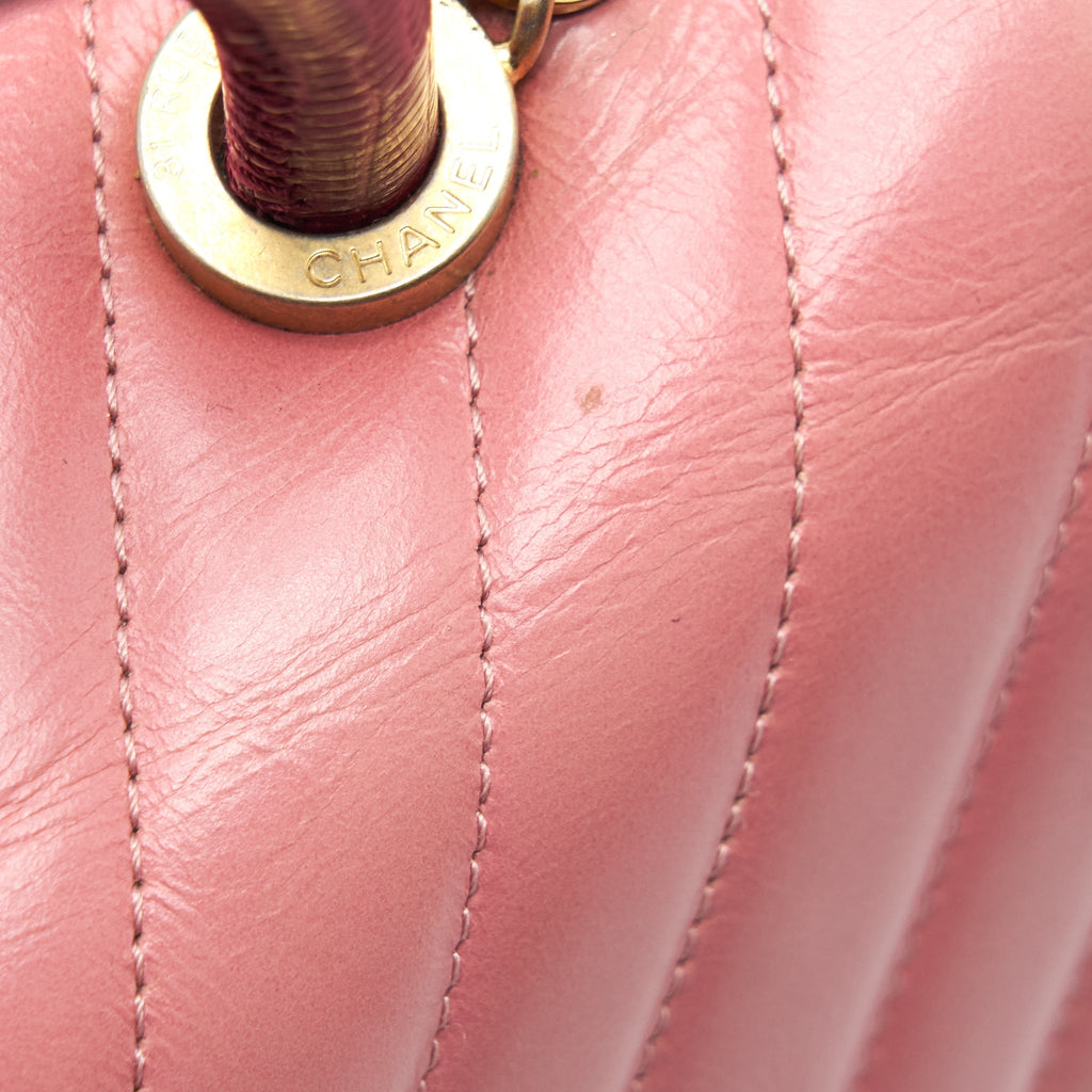 Chanel Small Coco Handle Chevron Calfskin With Lizard Handle Pink