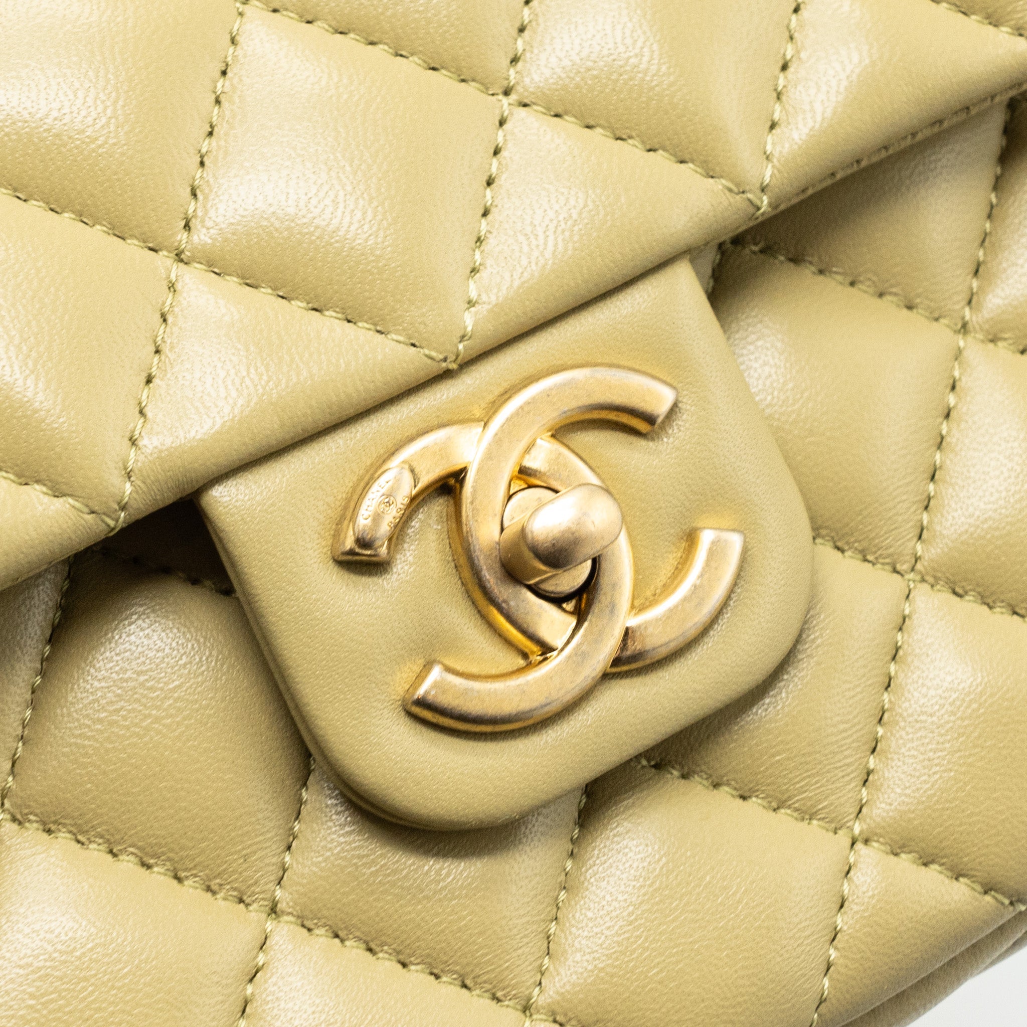 Chanel quilted flap bag with coco love chain lambskin khaki green (Microchip)