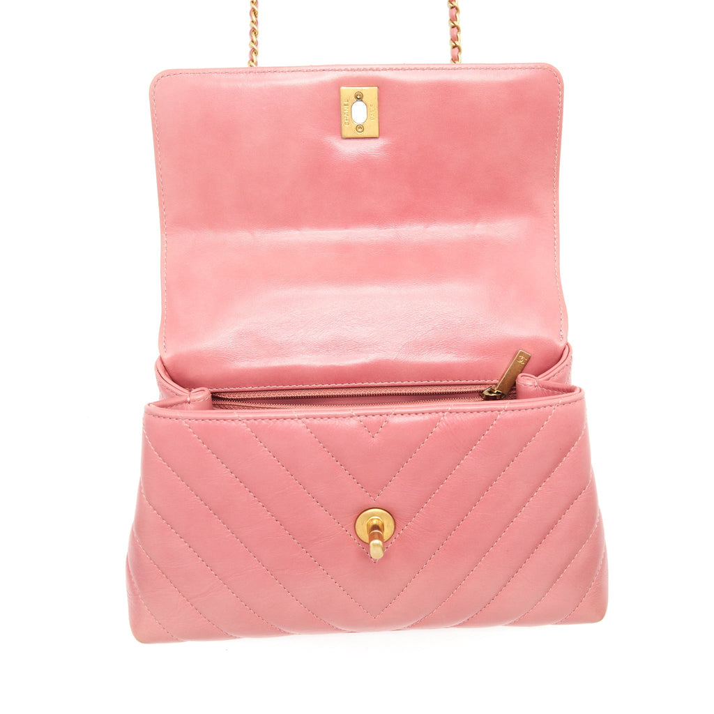 Chanel Small Coco Handle Chevron Calfskin With Lizard Handle Pink