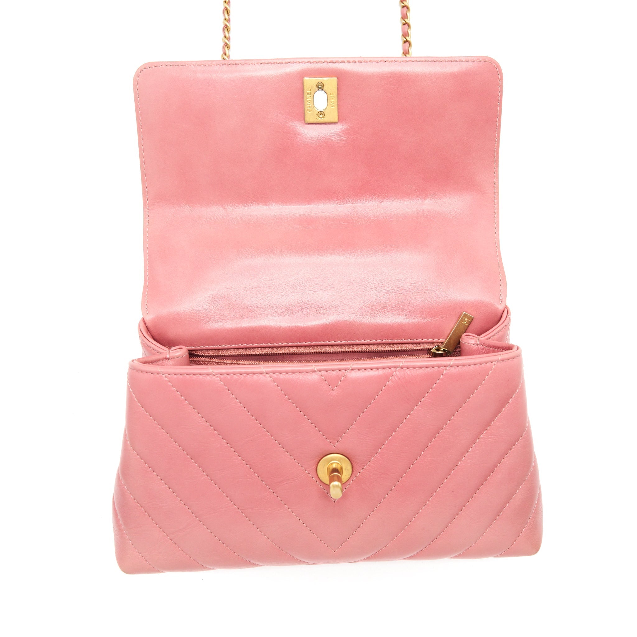 Chanel Small Coco Handle Chevron Calfskin With Lizard Handle Pink