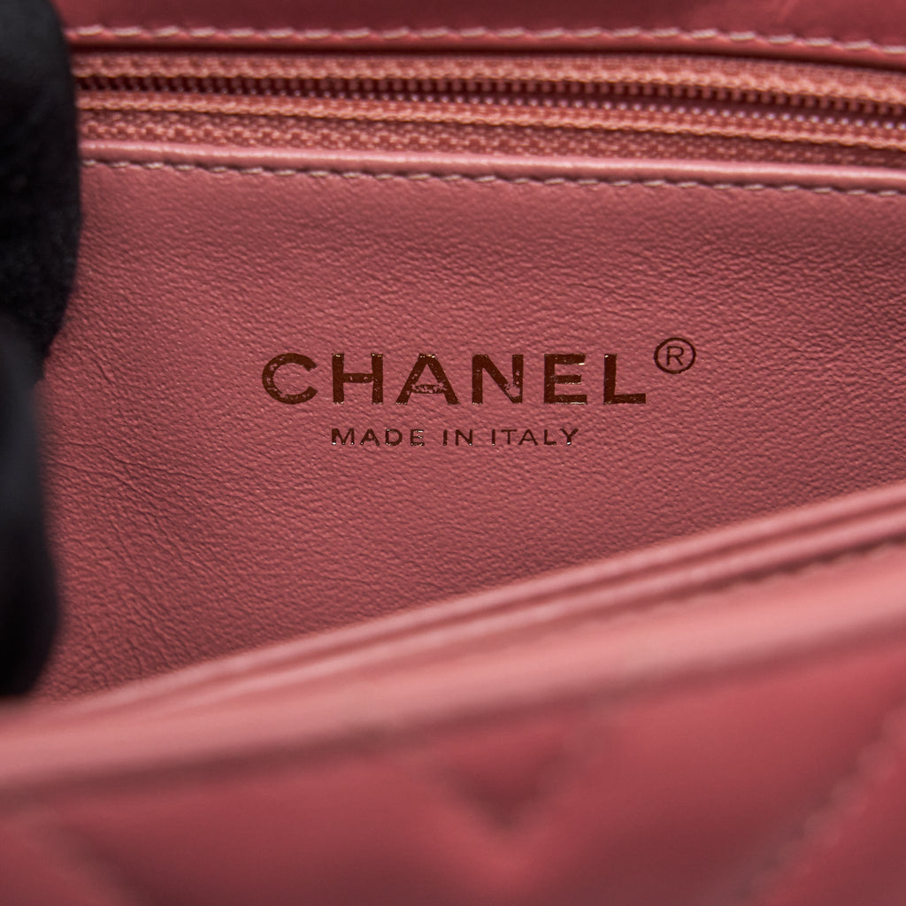 Chanel Small Coco Handle Chevron Calfskin With Lizard Handle Pink
