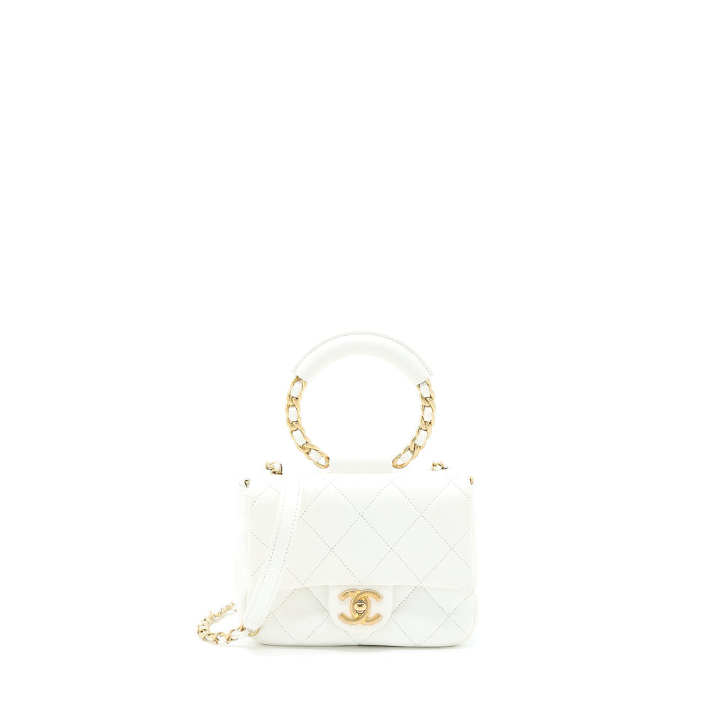 Chanel Circular Handle Quilted Flap Bag Lambskin White Brushed