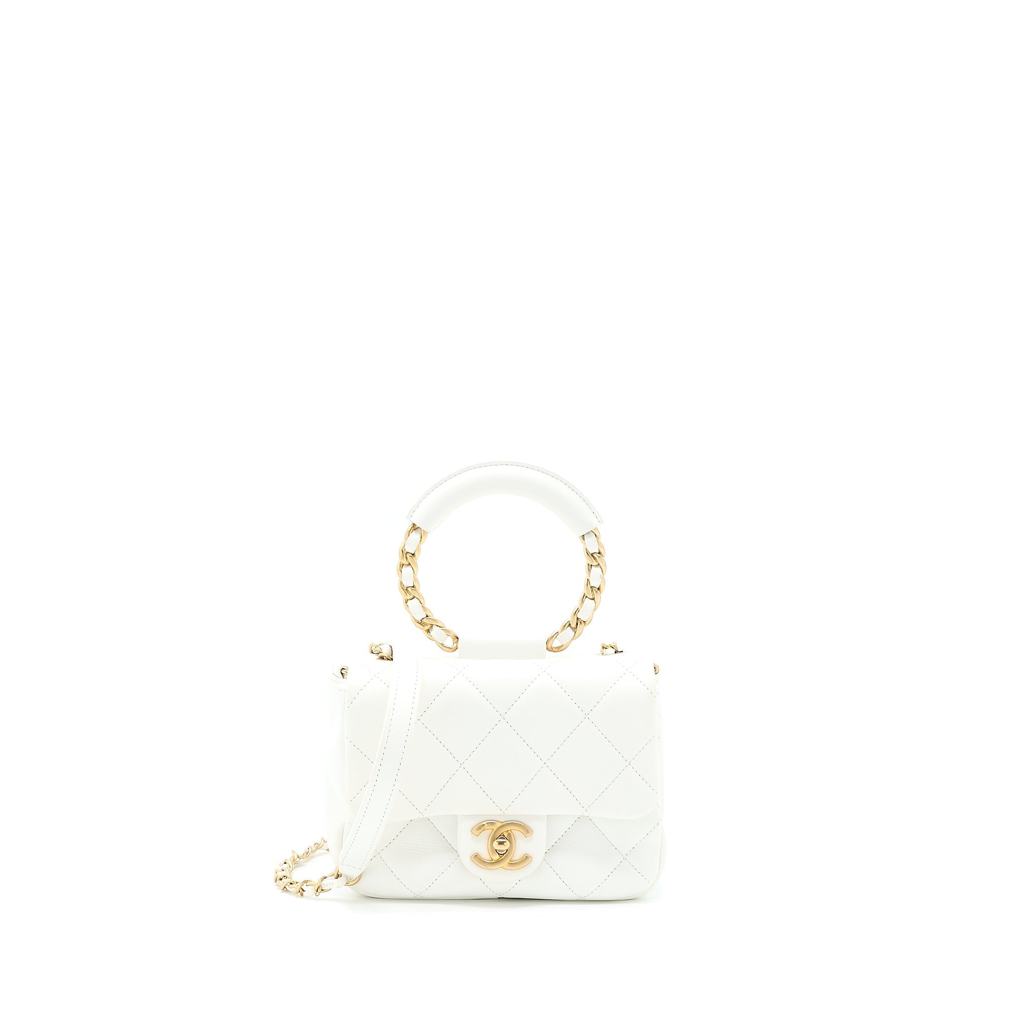 Chanel Circular Handle Quilted Flap Bag Lambskin White Brushed