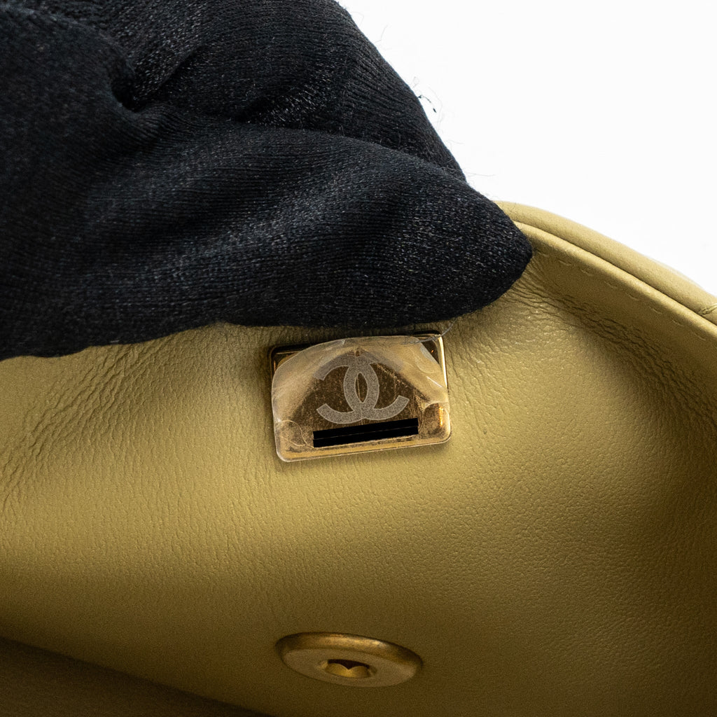 Chanel quilted flap bag with coco love chain lambskin khaki green (Microchip)
