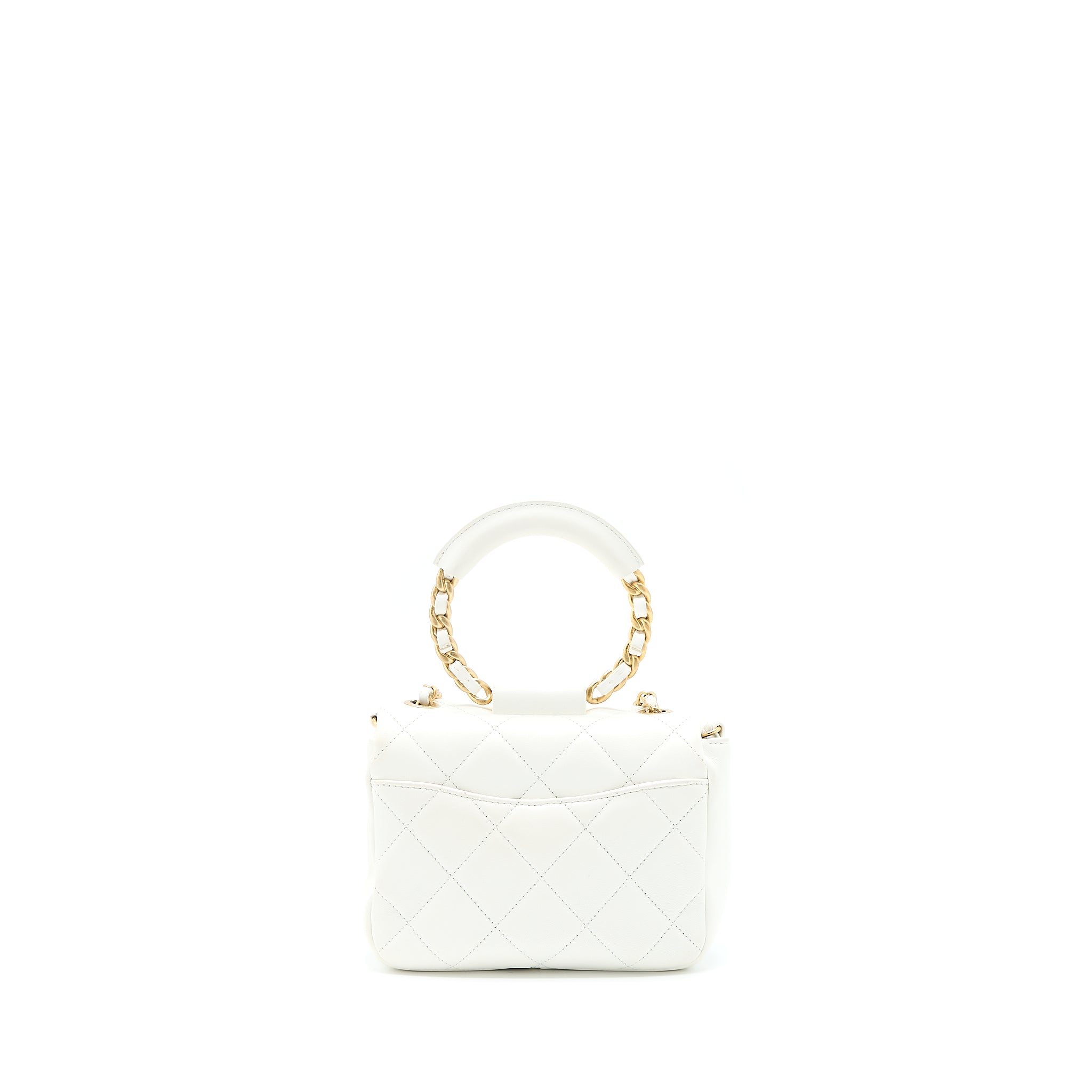 Chanel Circular Handle Quilted Flap Bag Lambskin White Brushed