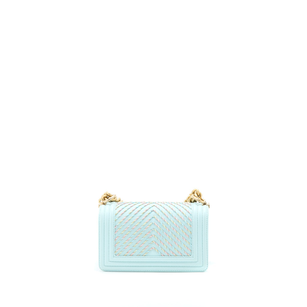 Chanel Small Boy Bag Chevron Calfskin Light Blue/Multicolour Brushed