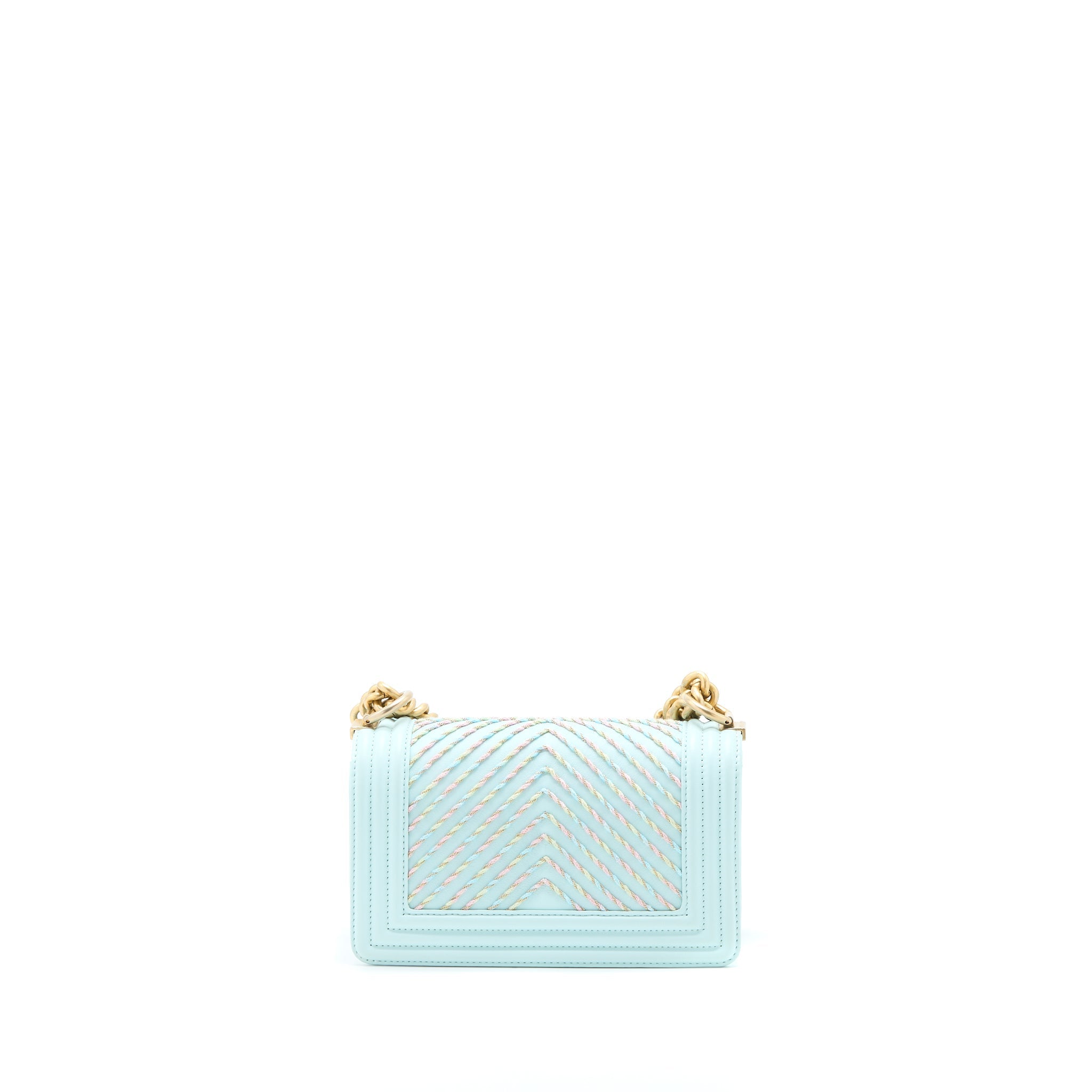 Chanel Small Boy Bag Chevron Calfskin Light Blue/Multicolour Brushed