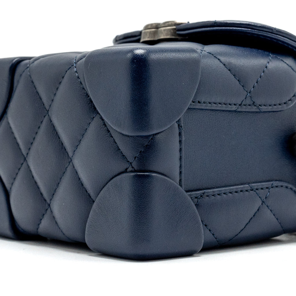 Chanel 20C mini trunk Flap bag Calfskin Navy blue Ruthenium hardware