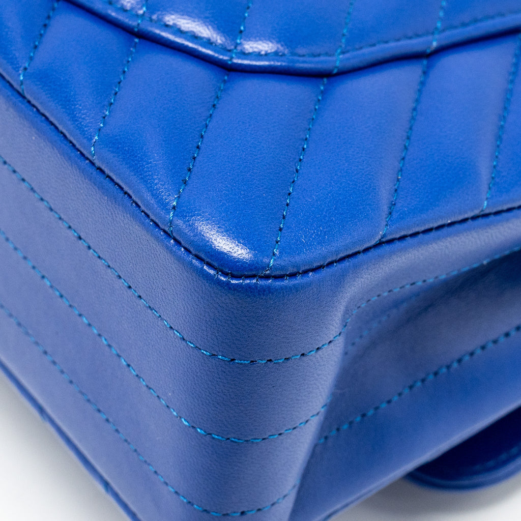 Chanel small classic double flap bag chevron lambskin blue L